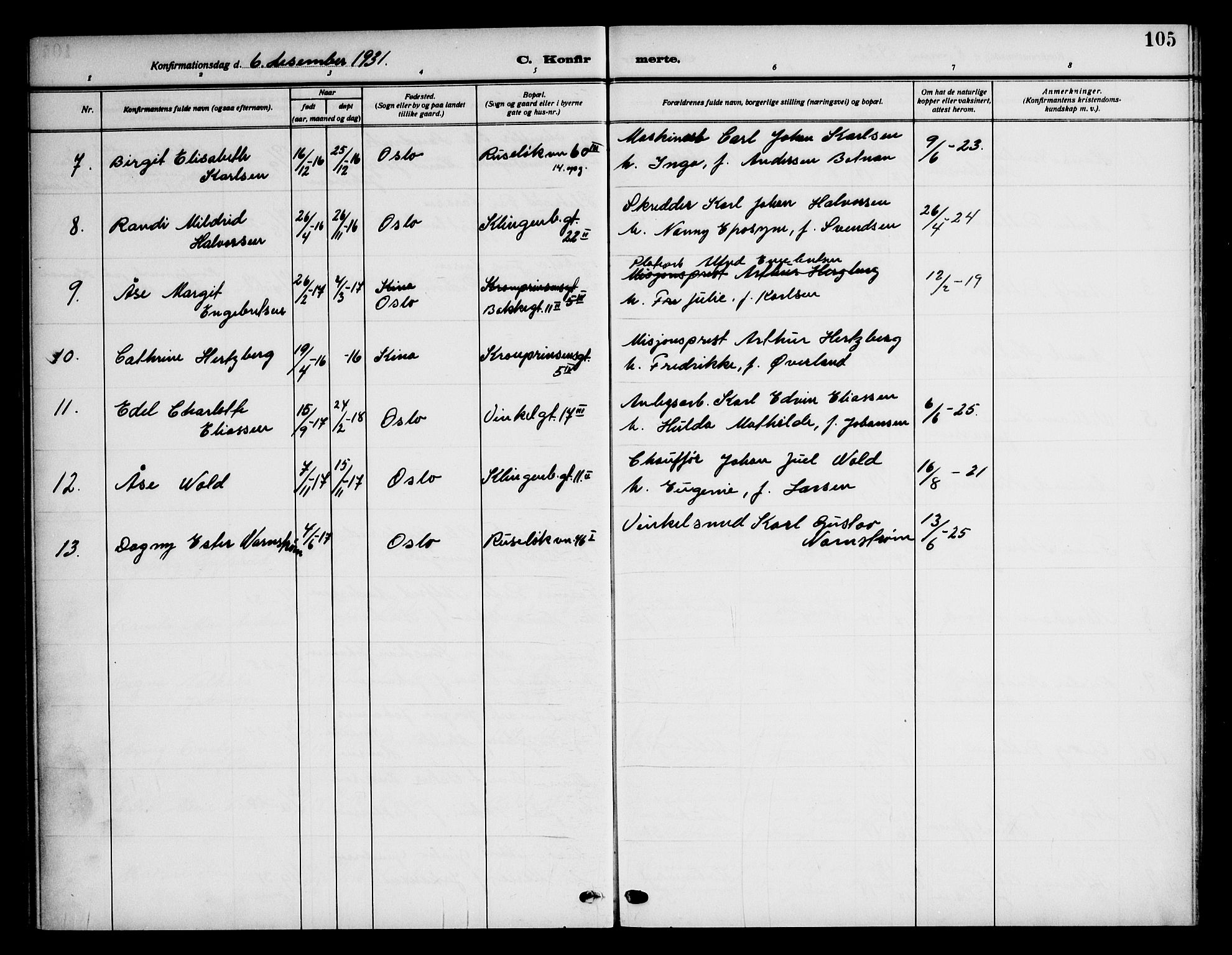 Piperviken prestekontor Kirkebøker, SAO/A-10874/F/L0001: Parish register (official) no. 1, 1911-1958, p. 105