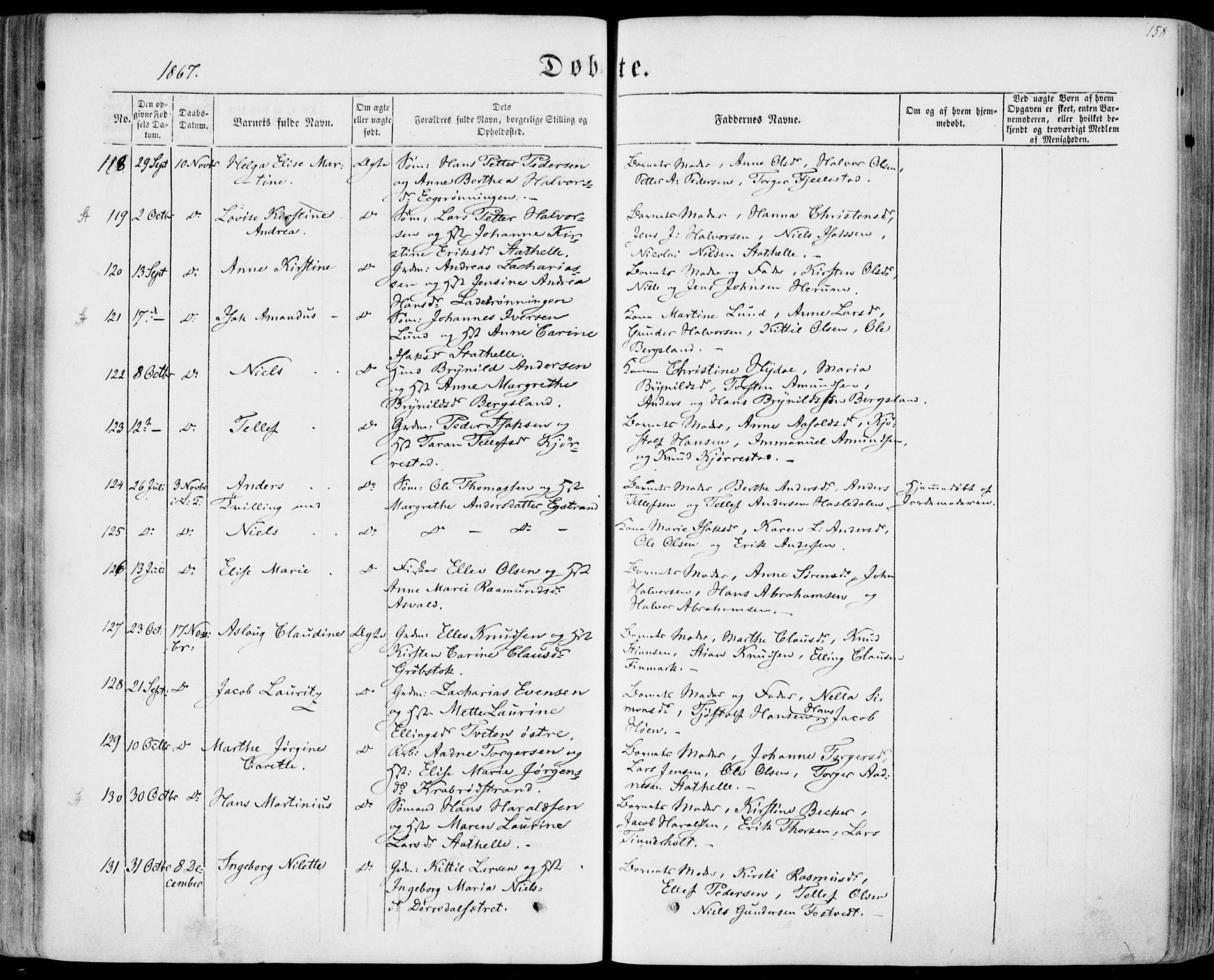 Bamble kirkebøker, AV/SAKO-A-253/F/Fa/L0005: Parish register (official) no. I 5, 1854-1869, p. 158