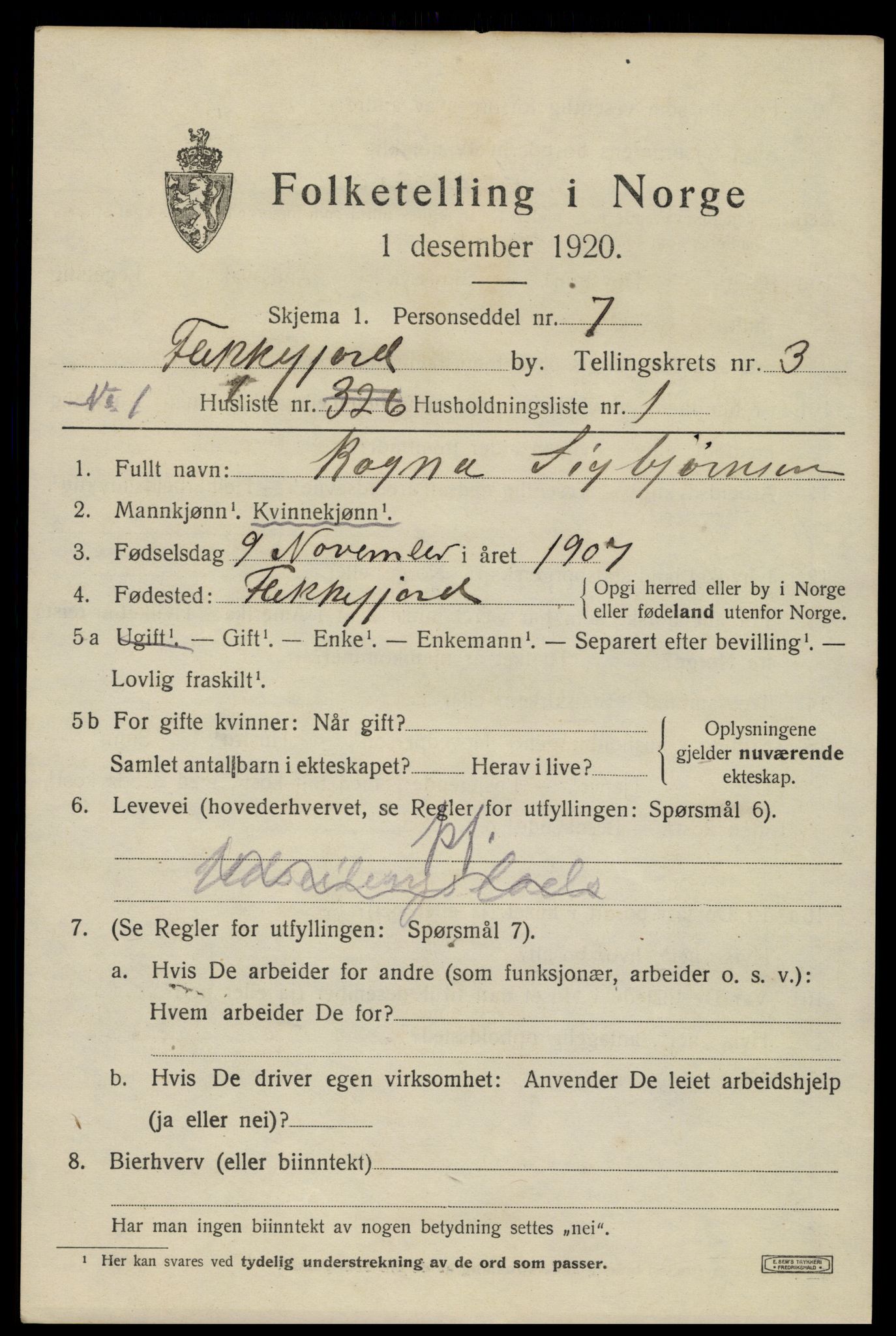 SAK, 1920 census for Flekkefjord, 1920, p. 3418