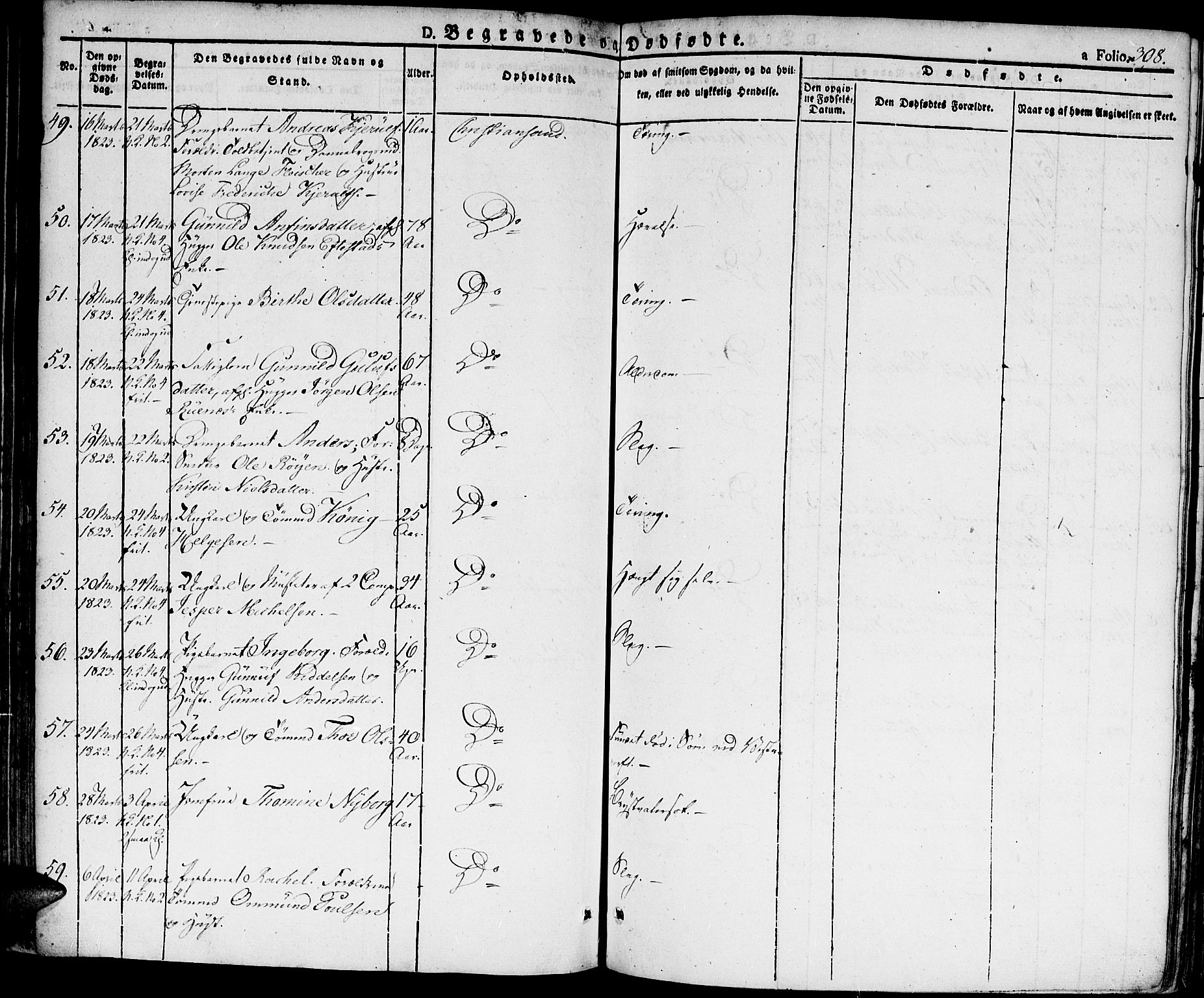 Kristiansand domprosti, AV/SAK-1112-0006/F/Fa/L0009: Parish register (official) no. A 9, 1821-1827, p. 308