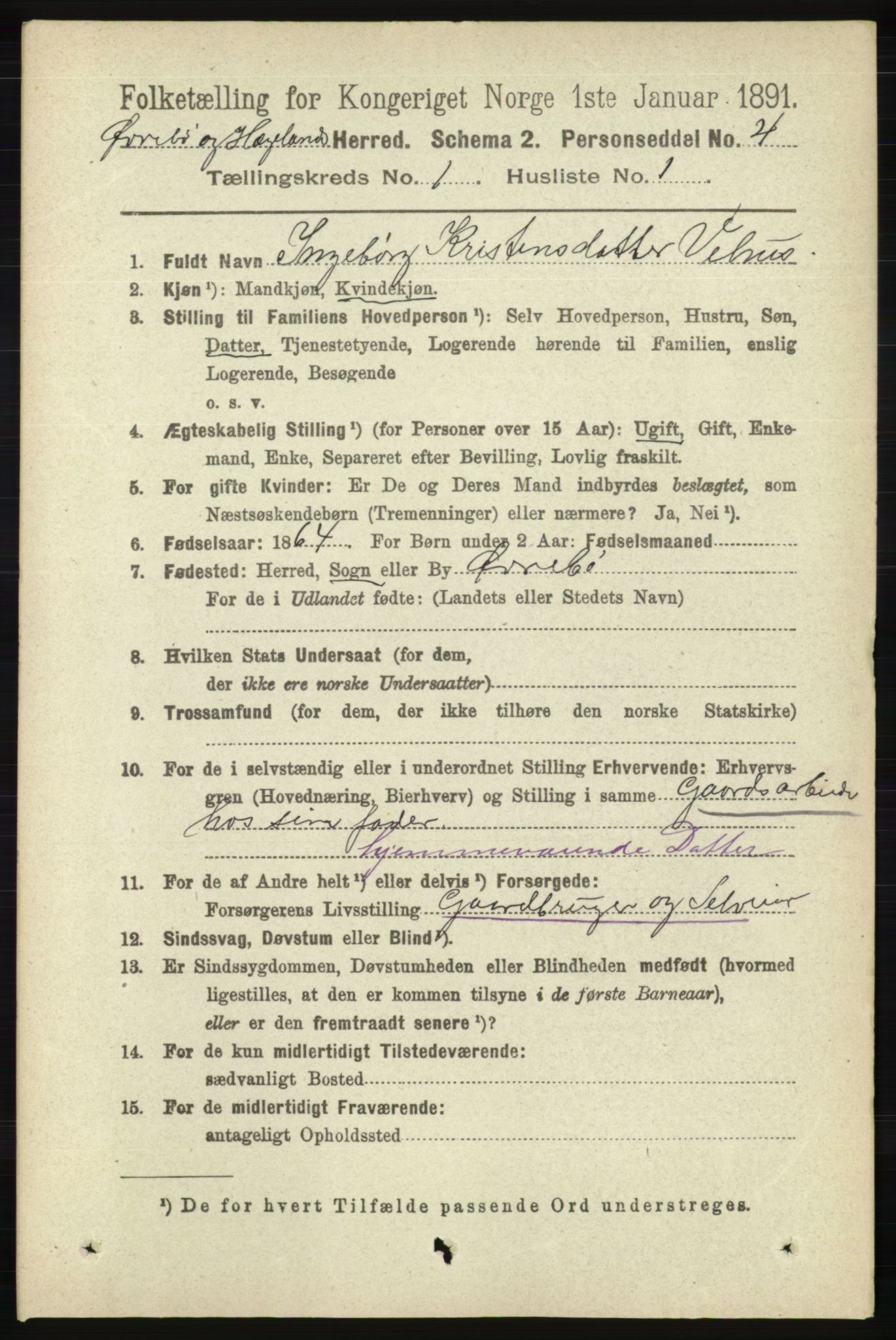 RA, 1891 census for 1016 Øvrebø og Hægeland, 1891, p. 71