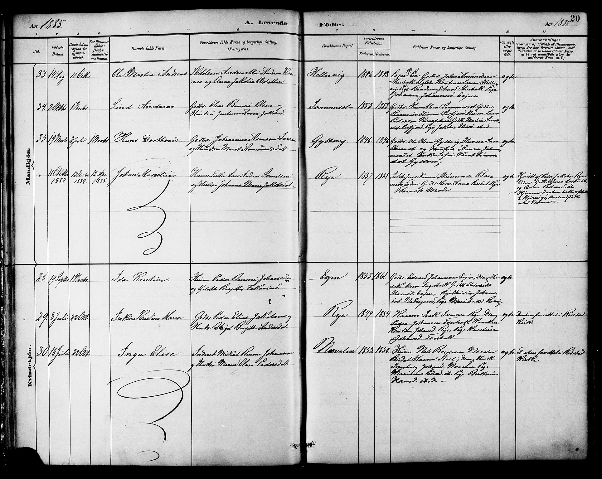 Ministerialprotokoller, klokkerbøker og fødselsregistre - Nordland, SAT/A-1459/854/L0777: Parish register (official) no. 854A01 /1, 1883-1891, p. 20