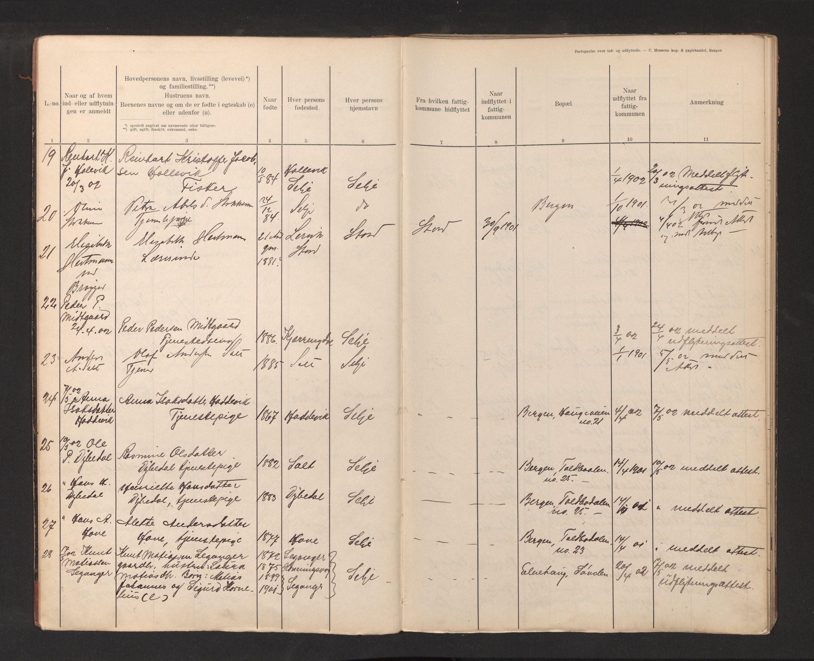 Lensmannen i Selje, SAB/A-29701/0020/L0001: Protokoll over inn- og utflytte, 1901-1916