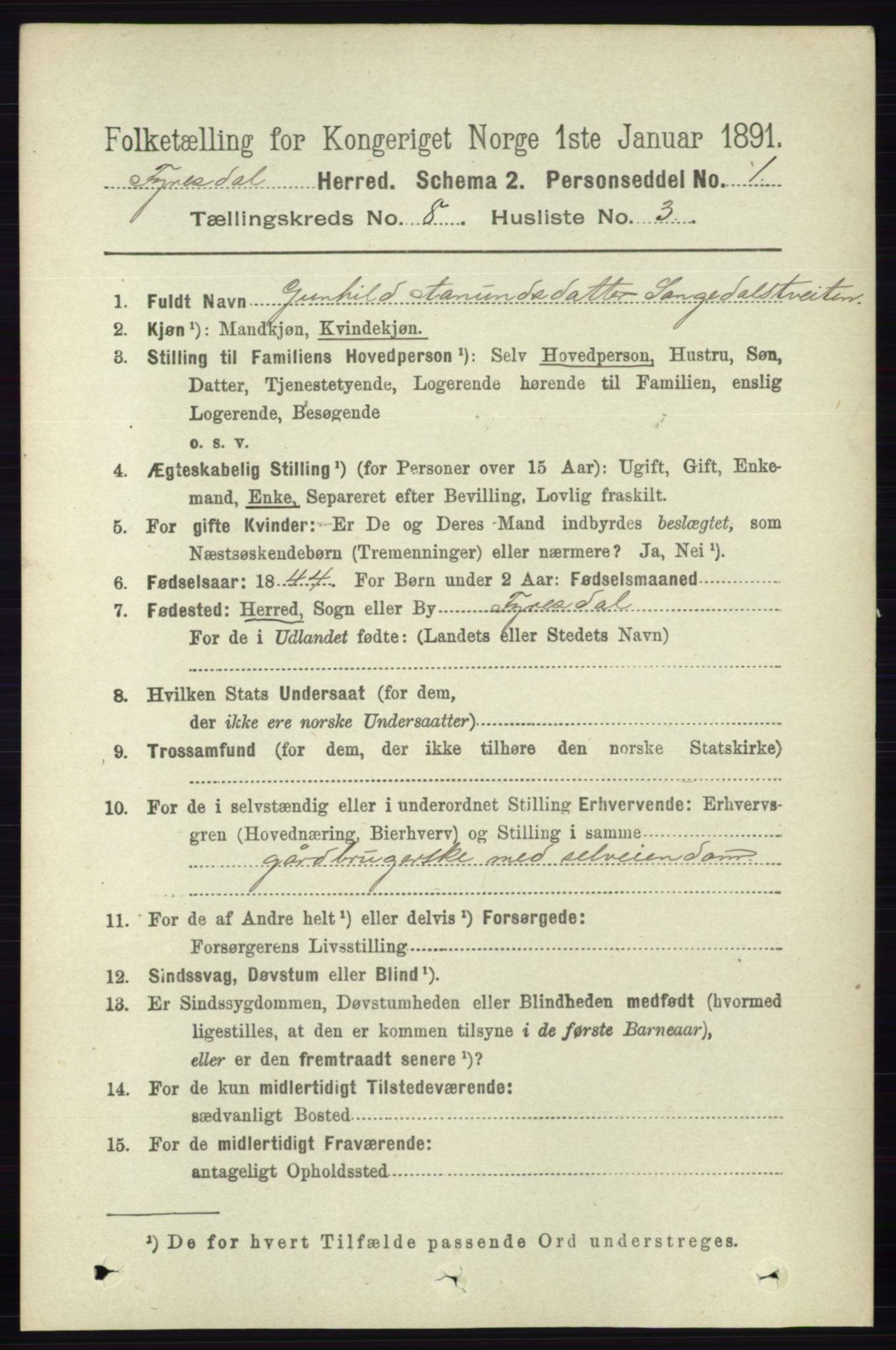 RA, 1891 census for 0831 Fyresdal, 1891, p. 2184