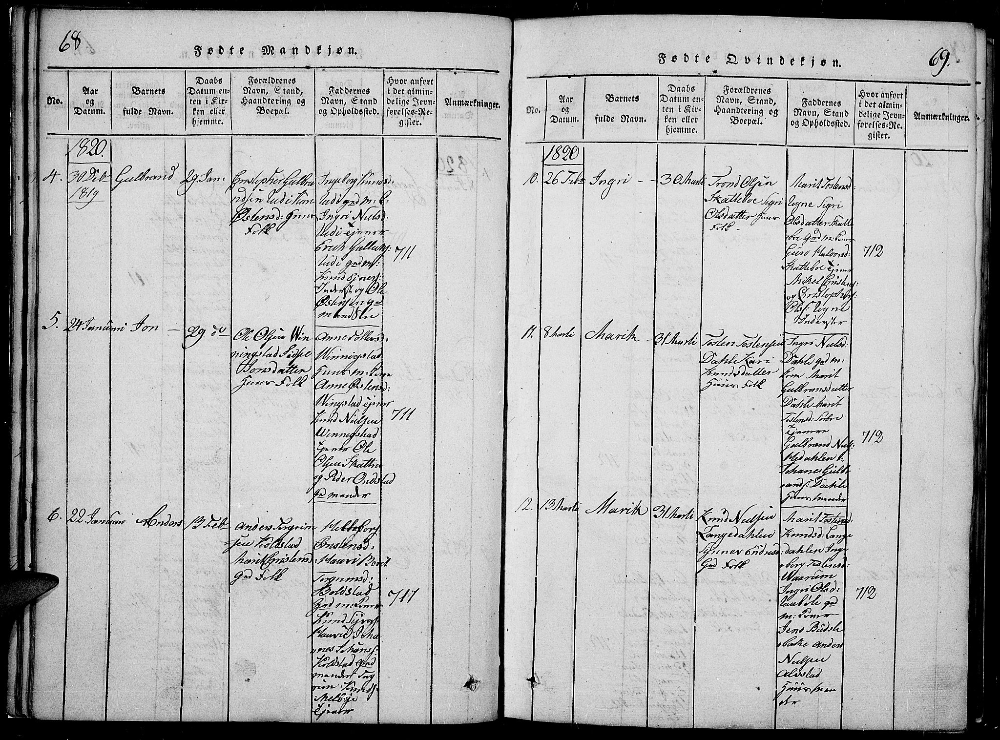 Slidre prestekontor, SAH/PREST-134/H/Ha/Hab/L0002: Parish register (copy) no. 2, 1814-1839, p. 68-69