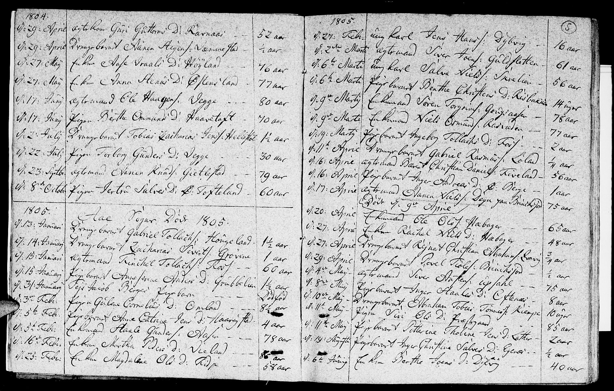 Lyngdal sokneprestkontor, SAK/1111-0029/F/Fa/Fac/L0005: Parish register (official) no. A 5, 1804-1815, p. 5