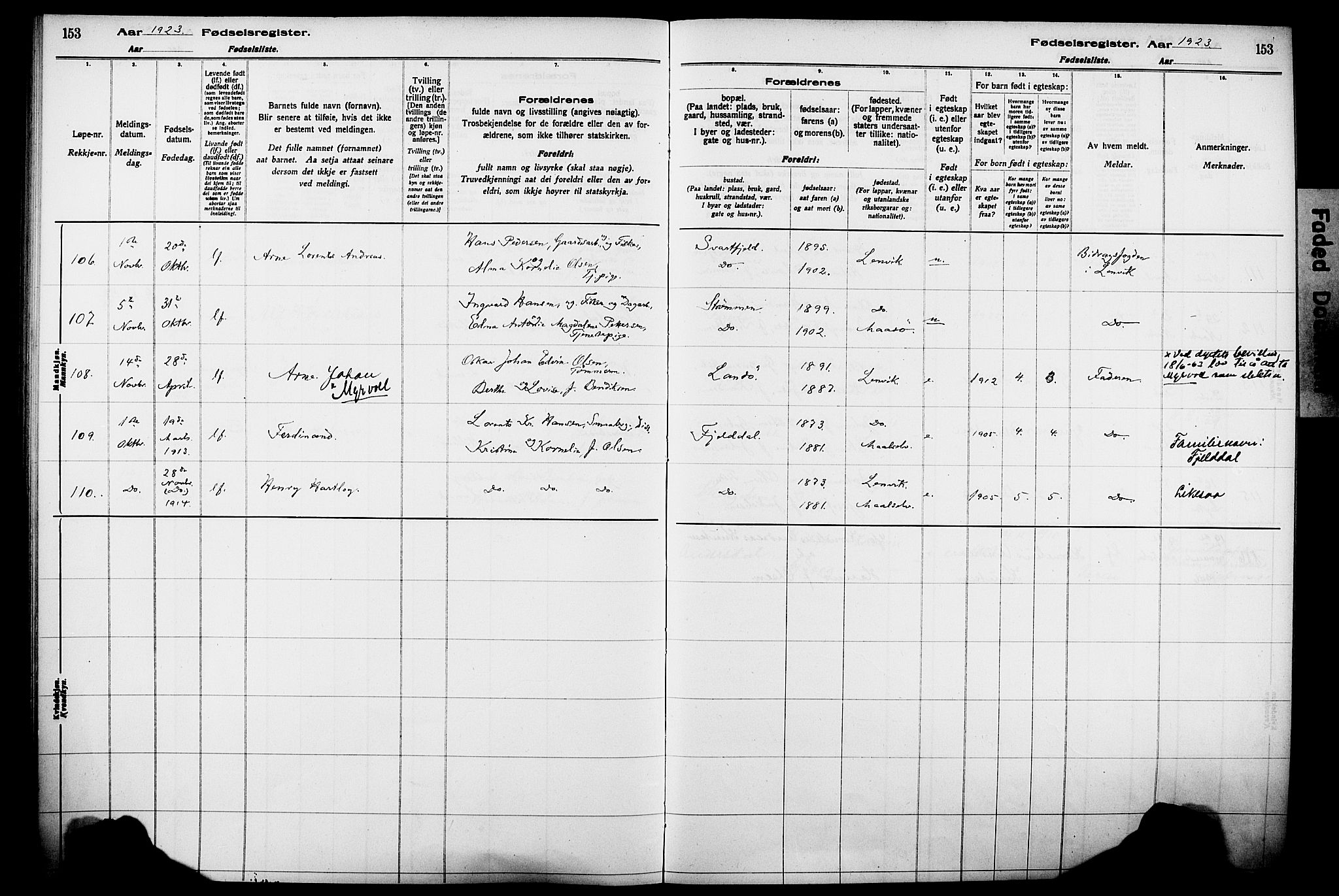 Lenvik sokneprestembete, SATØ/S-1310/I/Ic/L0089: Birth register no. 89, 1916-1926, p. 153