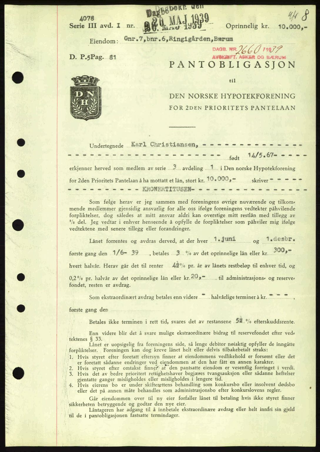 Aker herredsskriveri, AV/SAO-A-10896/G/Gb/Gbb/Gbbc/L0006: Mortgage book no. B62-63, 1939-1939, Diary no: : 2660/1939