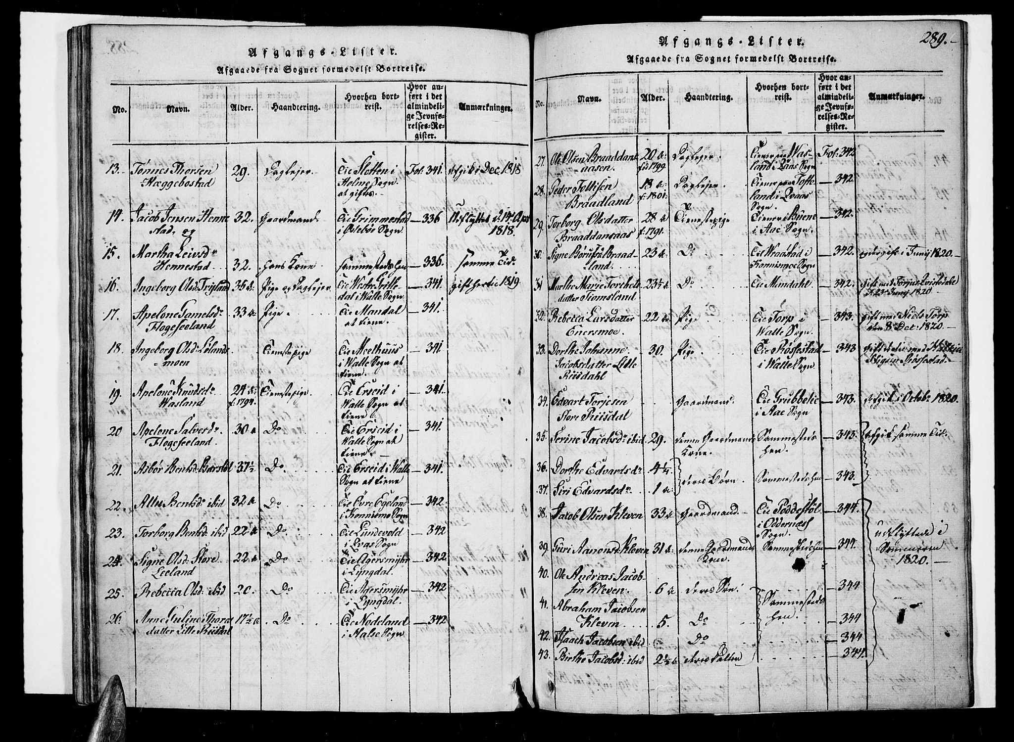 Nord-Audnedal sokneprestkontor, SAK/1111-0032/F/Fa/Fab/L0001: Parish register (official) no. A 1, 1816-1858, p. 289