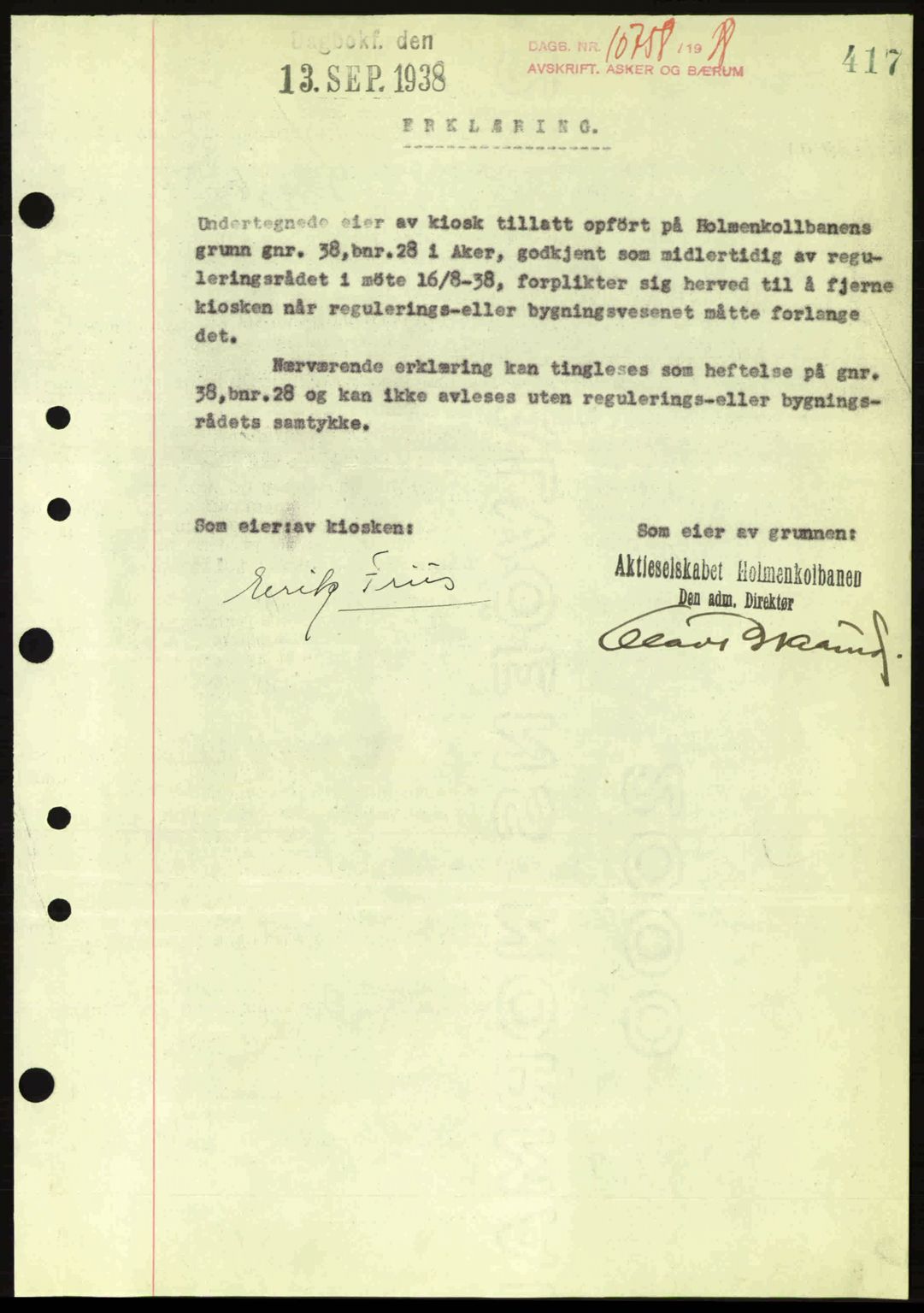 Aker herredsskriveri, SAO/A-10896/G/Gb/Gba/Gbab/L0025: Mortgage book no. A154-155, 1938-1938, Diary no: : 10758/1938
