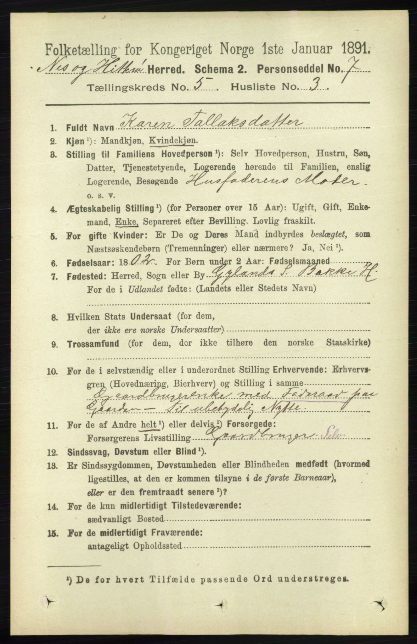 RA, 1891 census for 1043 Hidra og Nes, 1891, p. 1865