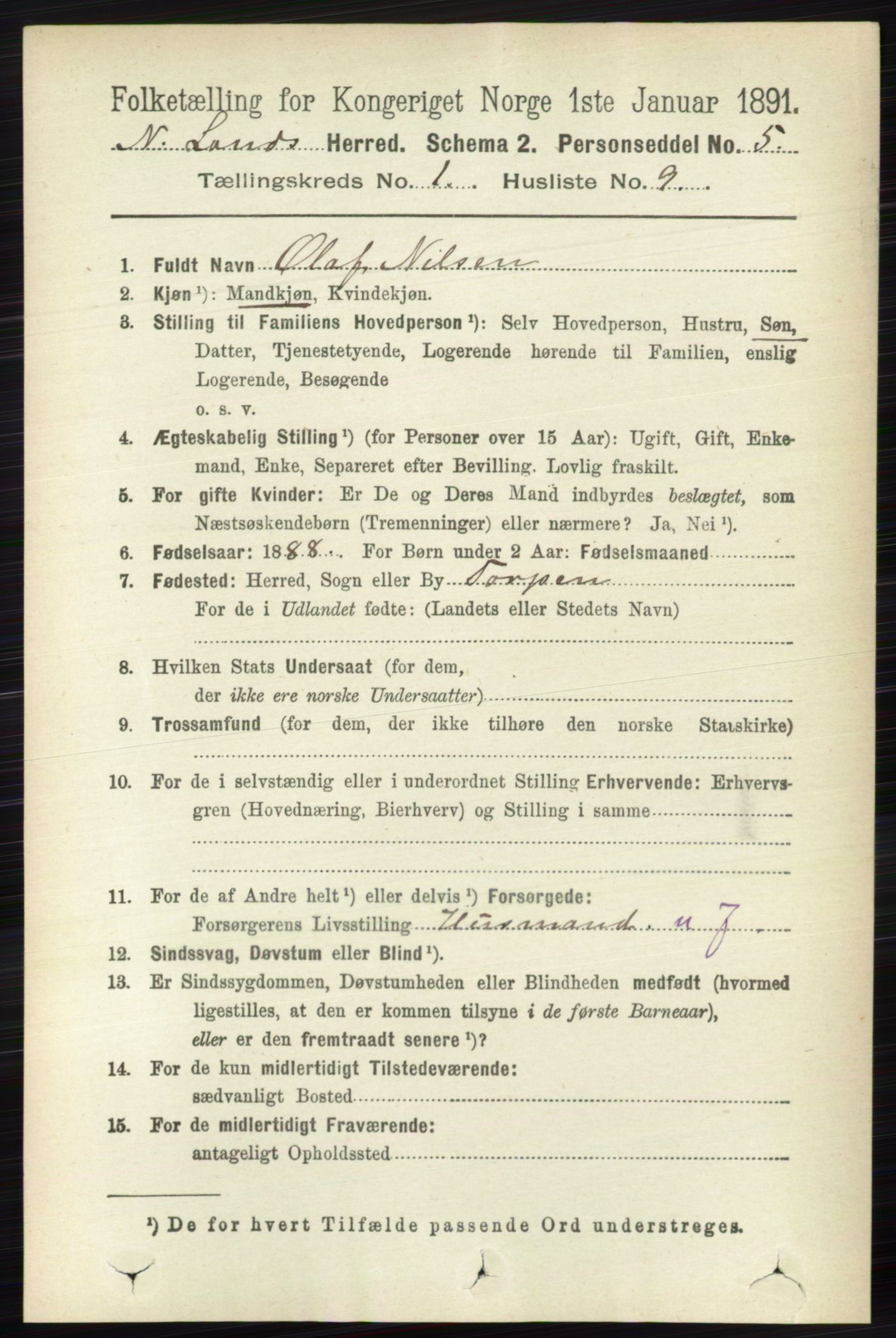 RA, 1891 census for 0538 Nordre Land, 1891, p. 176