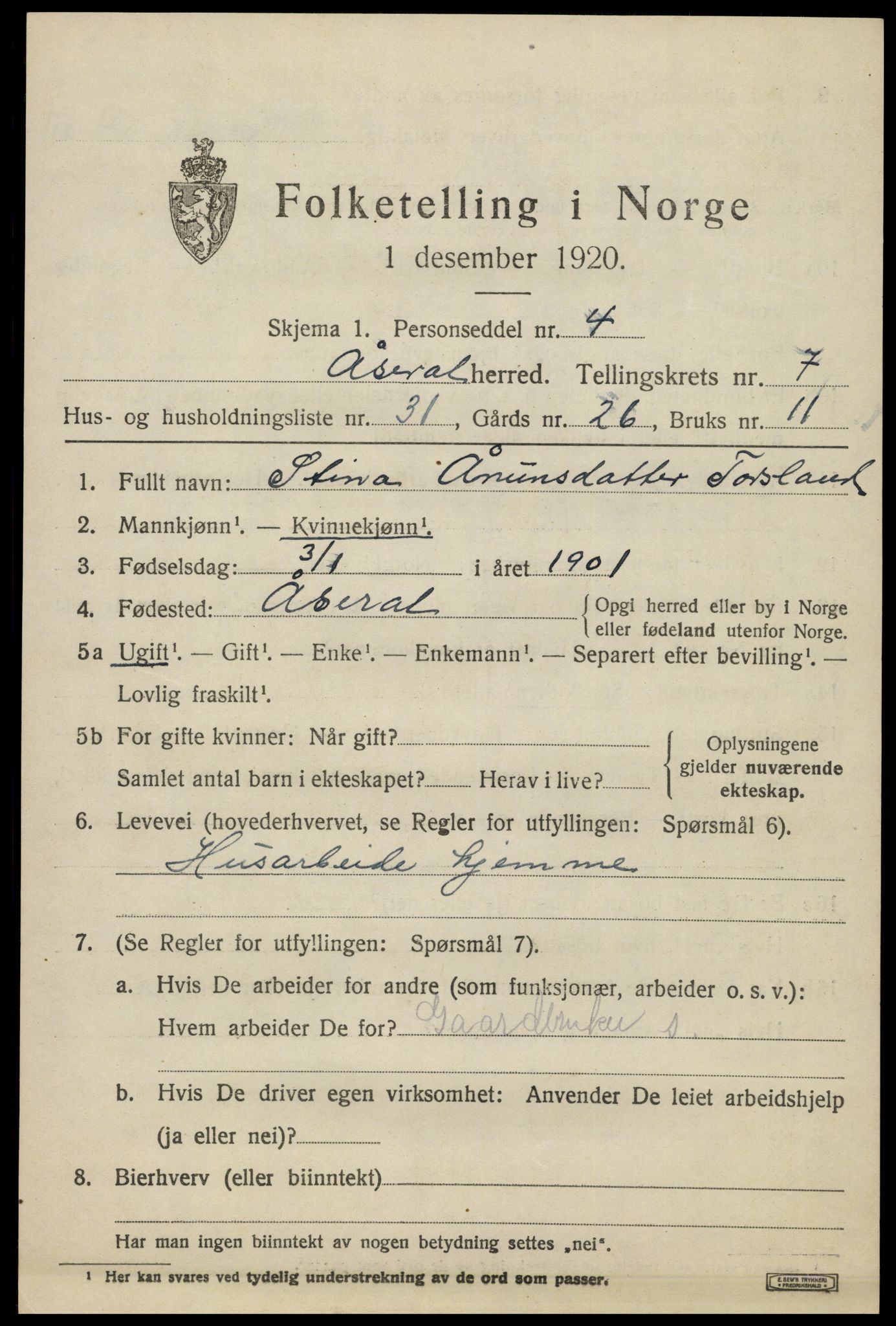 SAK, 1920 census for Åseral, 1920, p. 2416