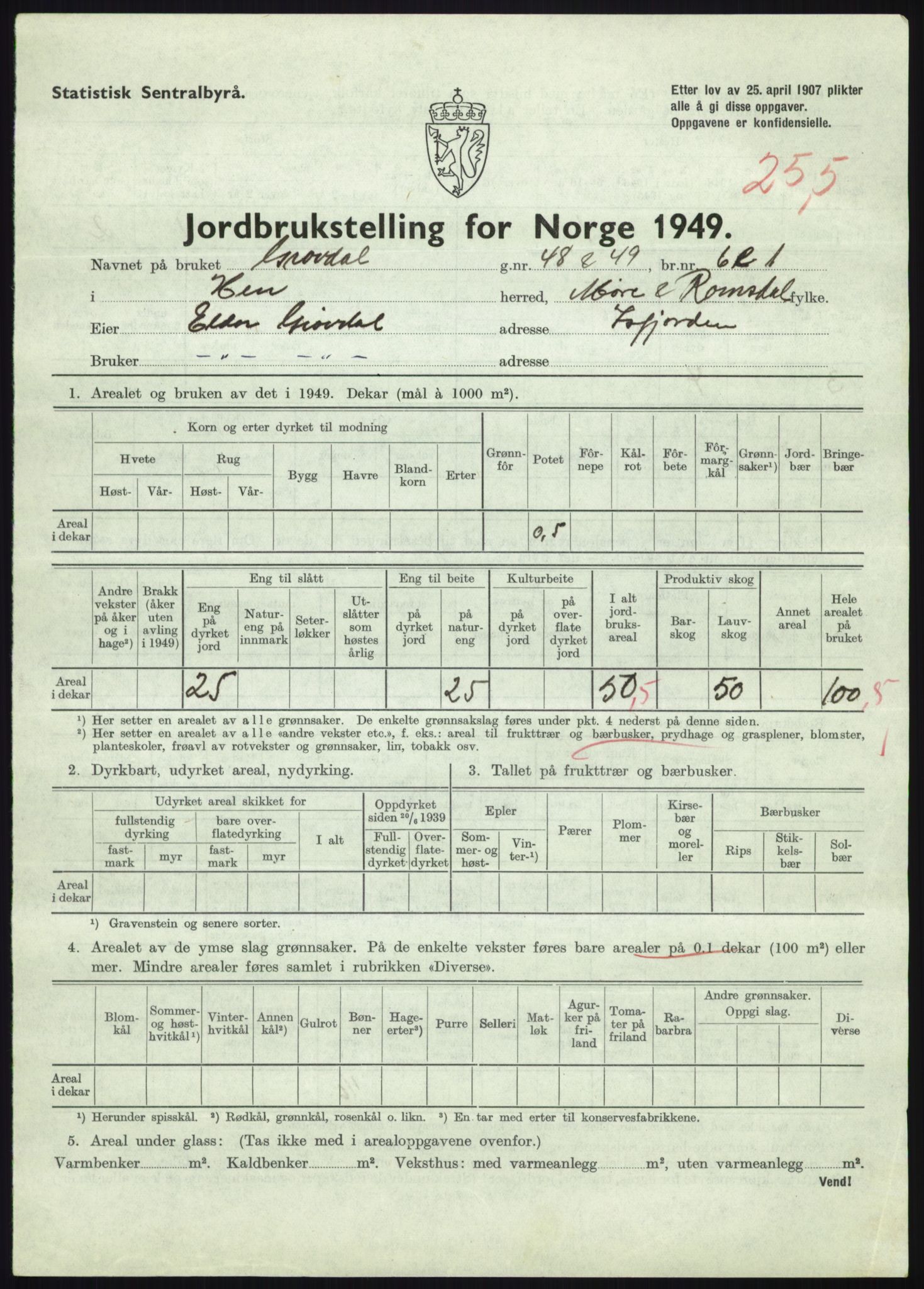 Statistisk sentralbyrå, Næringsøkonomiske emner, Jordbruk, skogbruk, jakt, fiske og fangst, AV/RA-S-2234/G/Gc/L0323: Møre og Romsdal: Grytten og Hen, 1949, p. 771