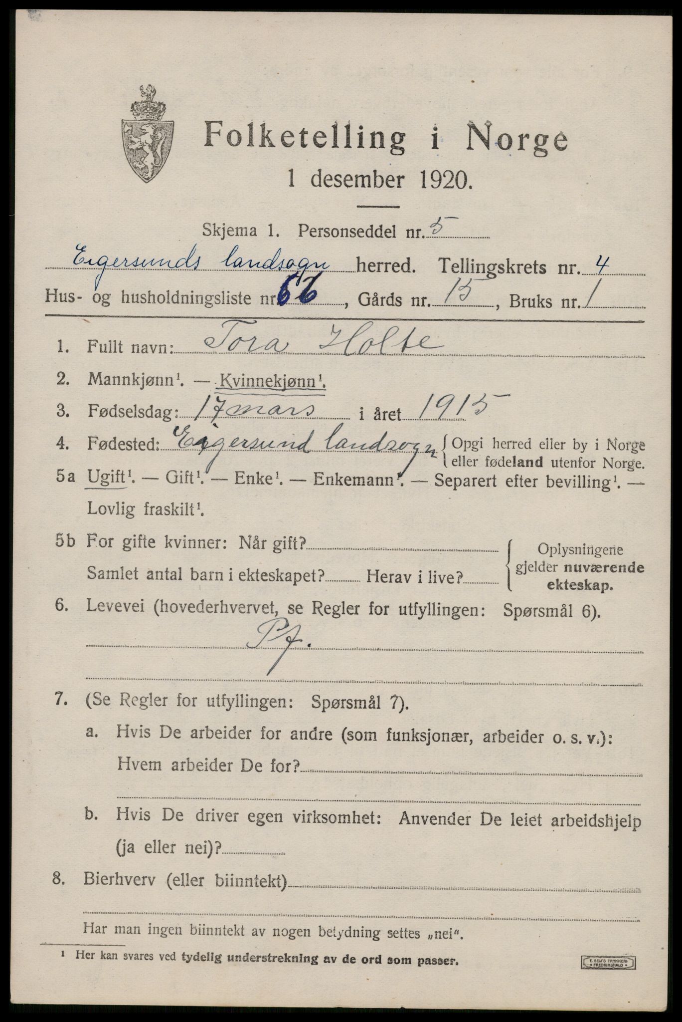 SAST, 1920 census for Eigersund, 1920, p. 3593