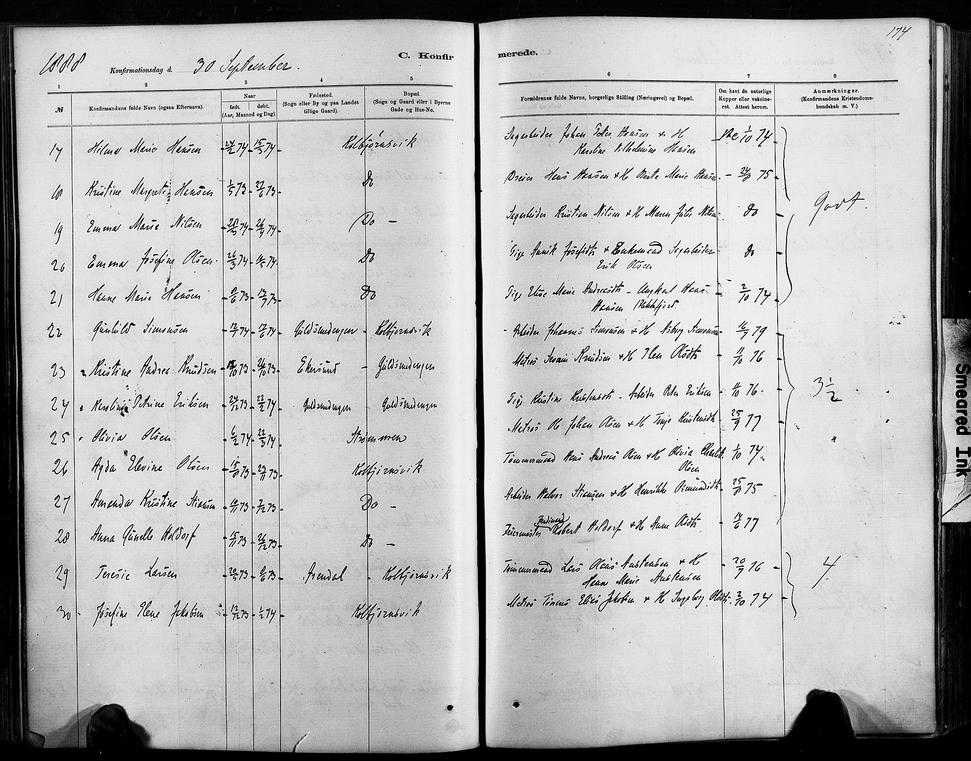 Hisøy sokneprestkontor, AV/SAK-1111-0020/F/Fa/L0003: Parish register (official) no. A 3, 1881-1894, p. 174