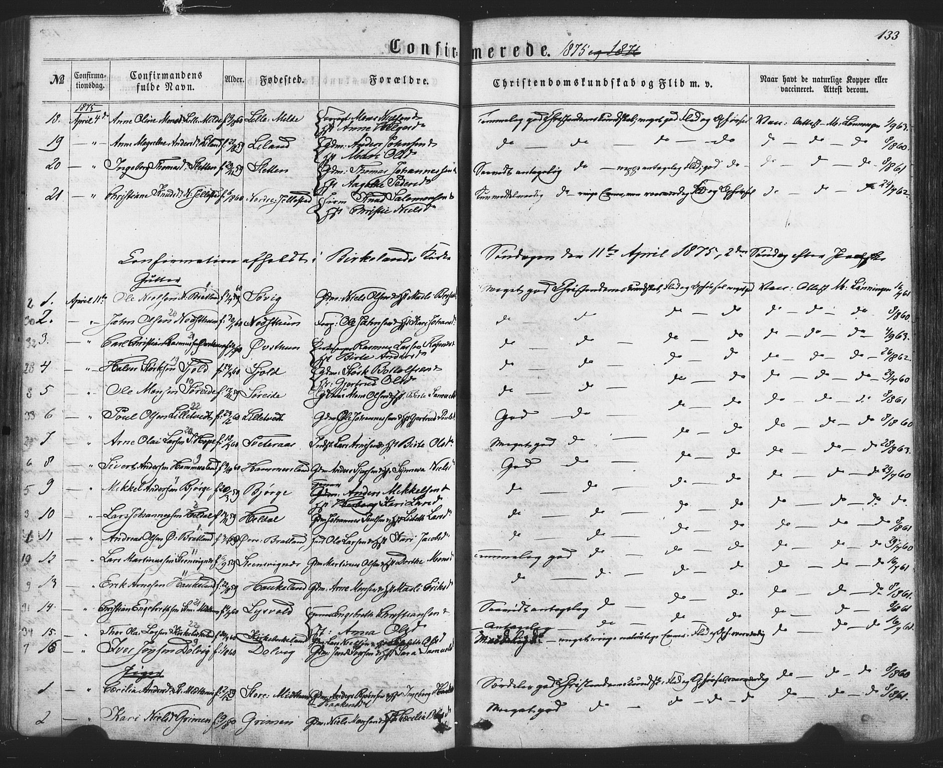 Fana Sokneprestembete, AV/SAB-A-75101/H/Haa/Haaa/L0012: Parish register (official) no. A 12, 1862-1878, p. 133