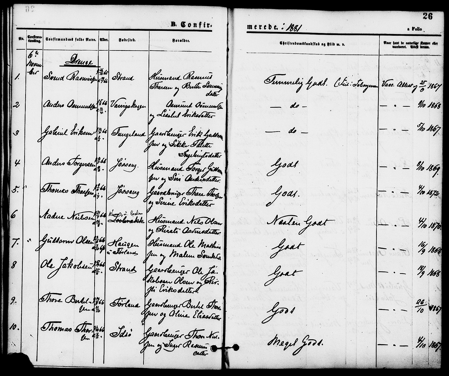 Strand sokneprestkontor, SAST/A-101828/H/Ha/Haa/L0008: Parish register (official) no. A 8, 1874-1907, p. 26