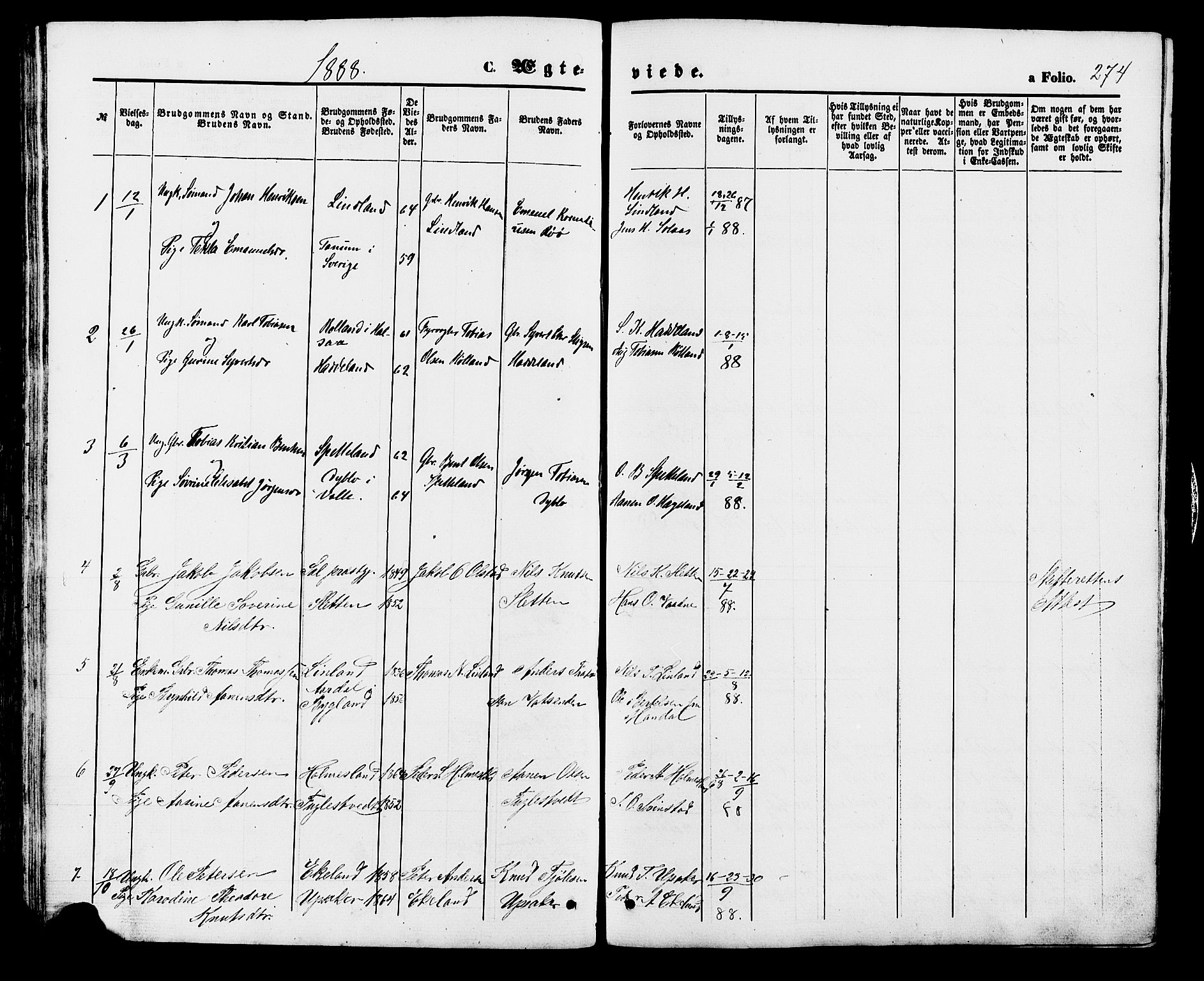 Holum sokneprestkontor, SAK/1111-0022/F/Fb/Fba/L0004: Parish register (copy) no. B 4, 1867-1890, p. 274