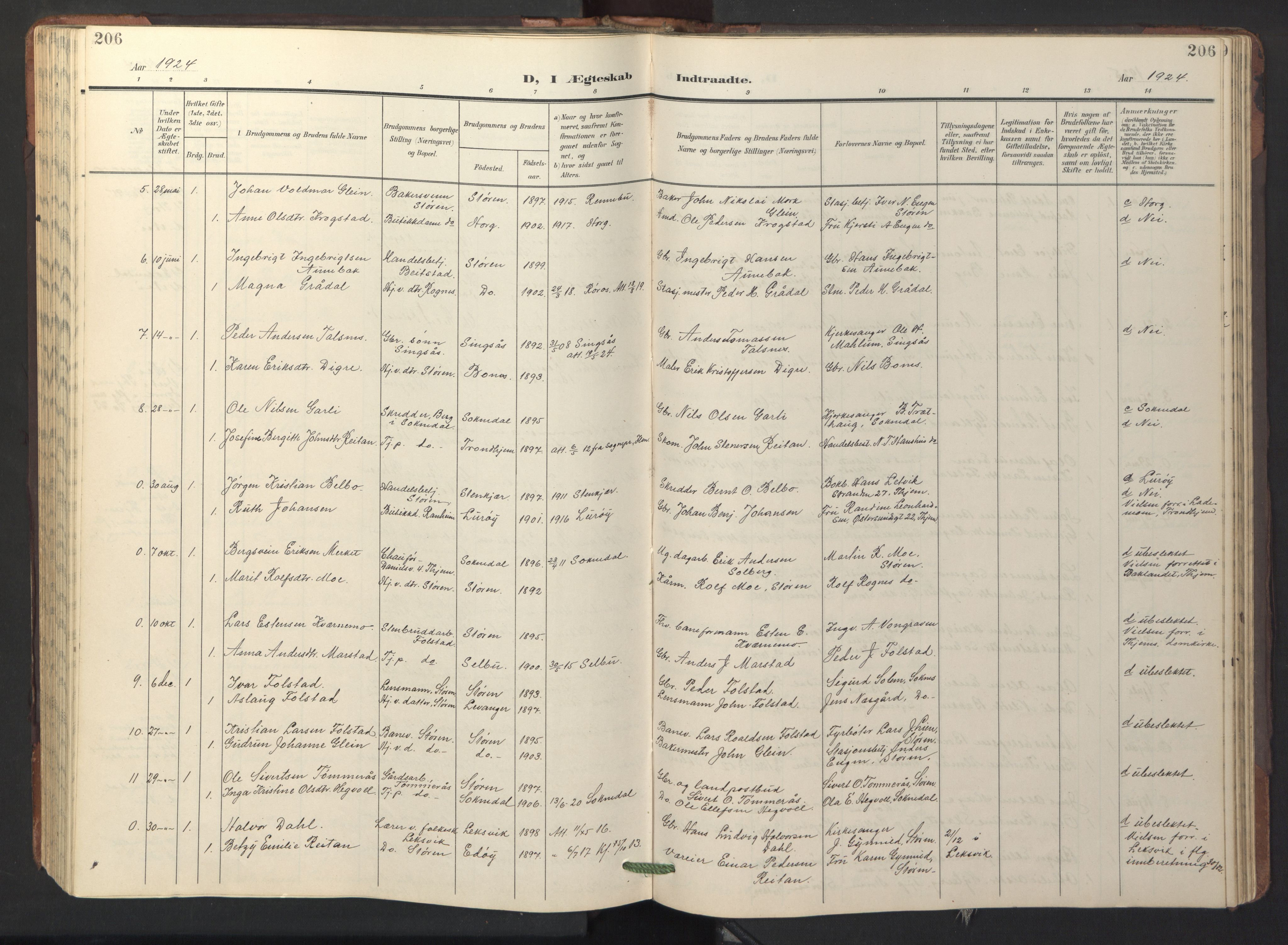 Ministerialprotokoller, klokkerbøker og fødselsregistre - Sør-Trøndelag, SAT/A-1456/687/L1019: Parish register (copy) no. 687C03, 1904-1931, p. 206