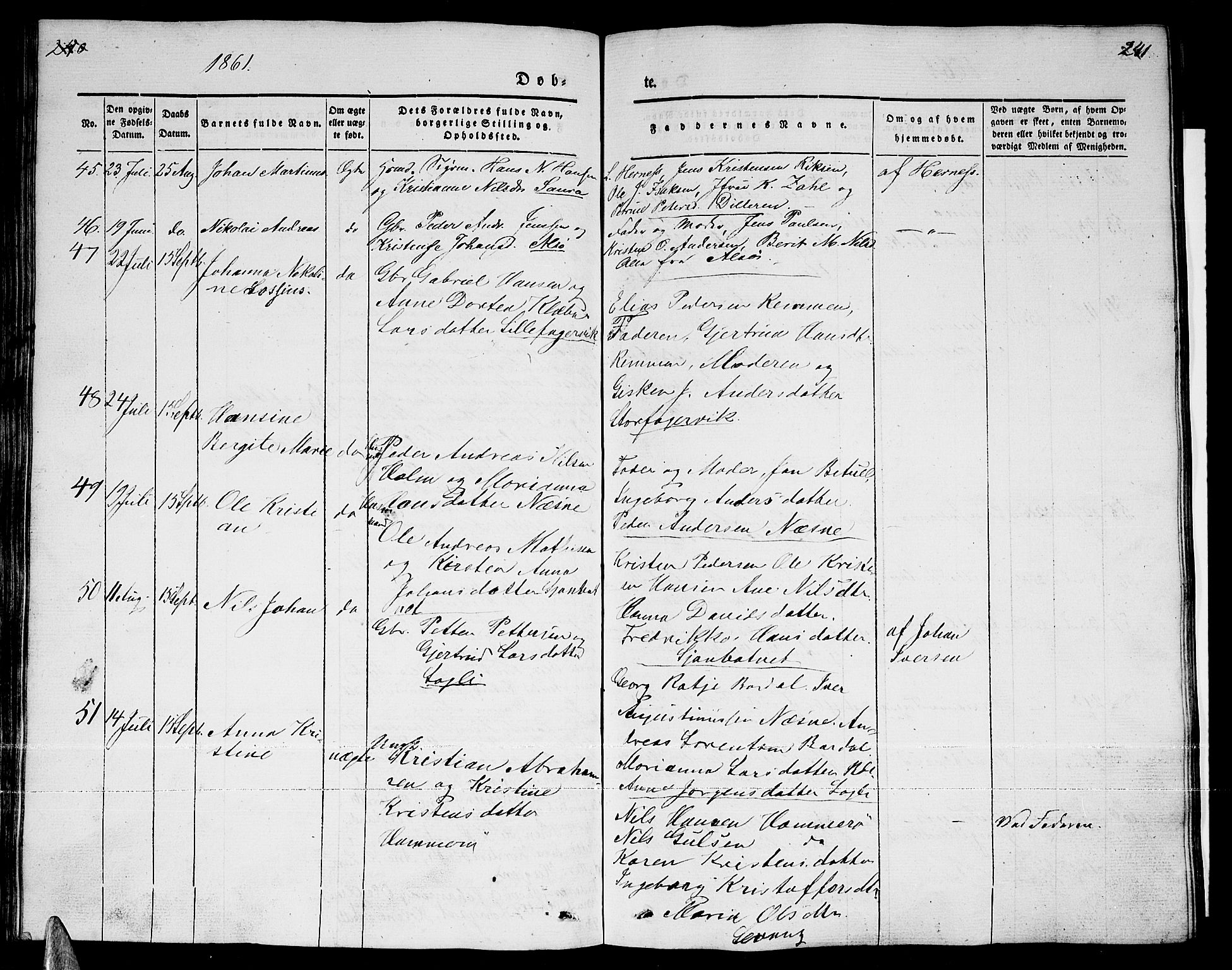 Ministerialprotokoller, klokkerbøker og fødselsregistre - Nordland, SAT/A-1459/838/L0555: Parish register (copy) no. 838C02, 1842-1861, p. 240-241