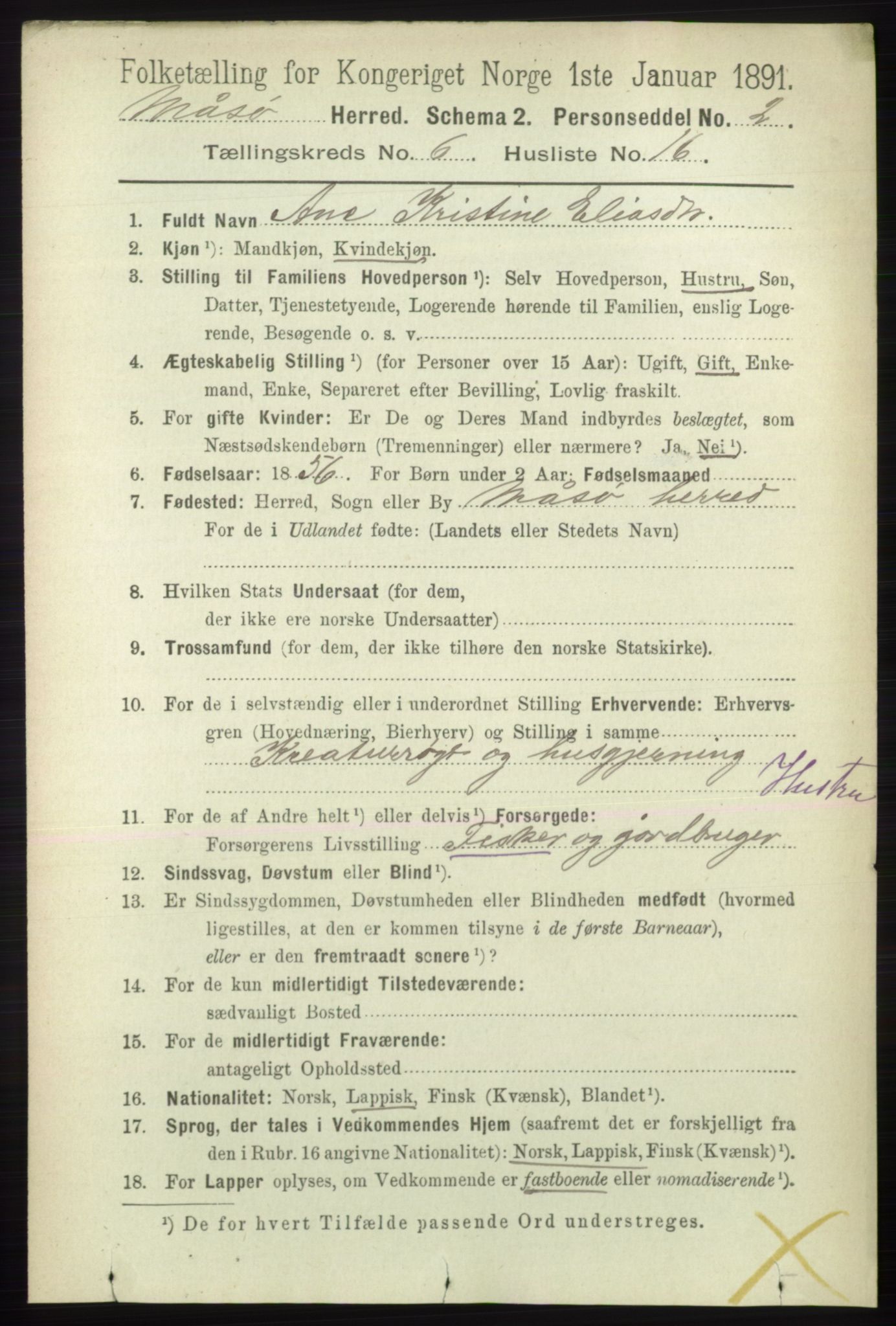 RA, 1891 census for 2018 Måsøy, 1891, p. 1219