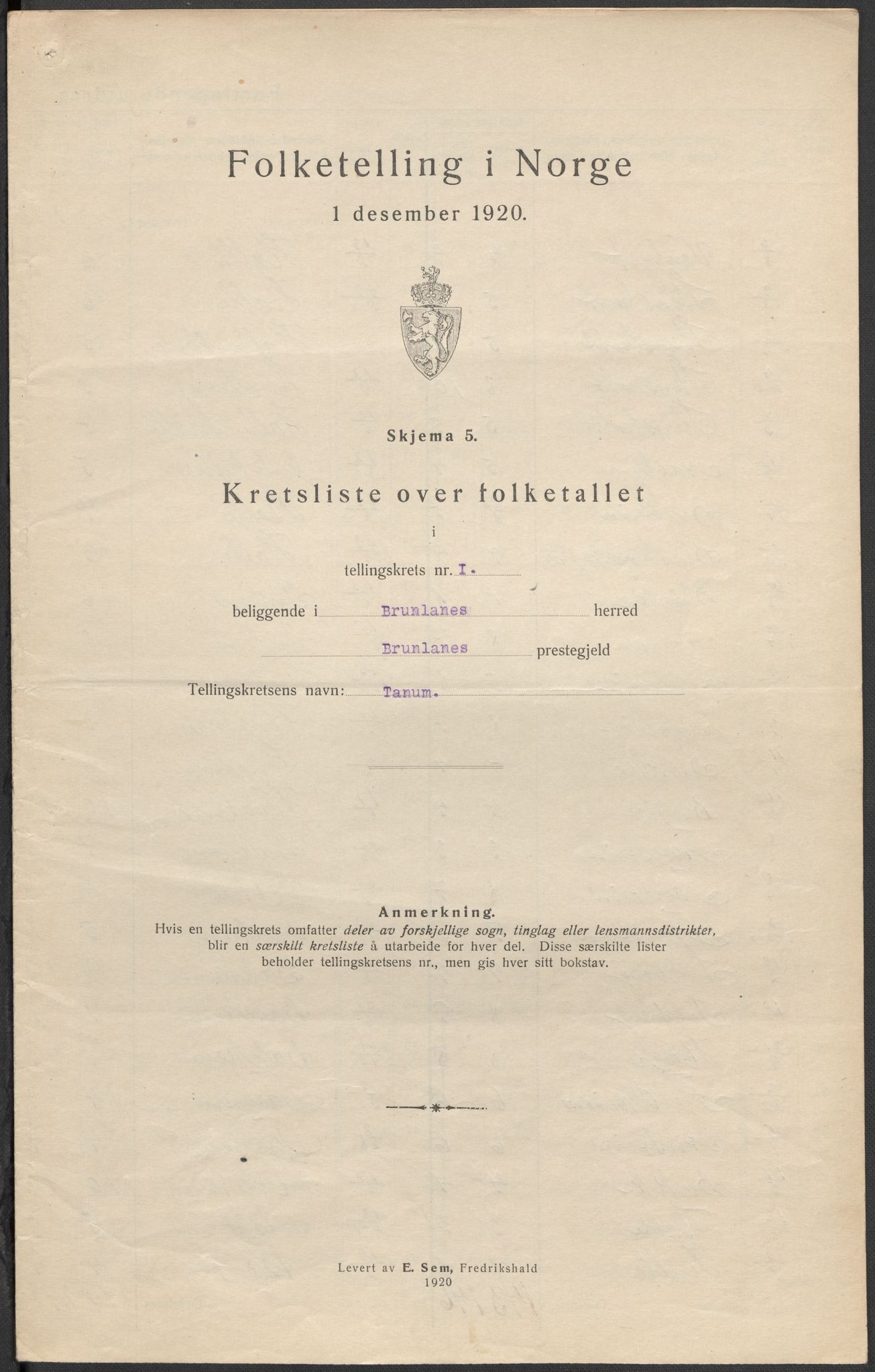 SAKO, 1920 census for Brunlanes, 1920, p. 8