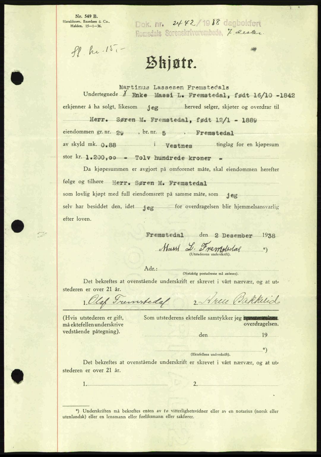 Romsdal sorenskriveri, AV/SAT-A-4149/1/2/2C: Mortgage book no. A6, 1938-1939, Diary no: : 2442/1938