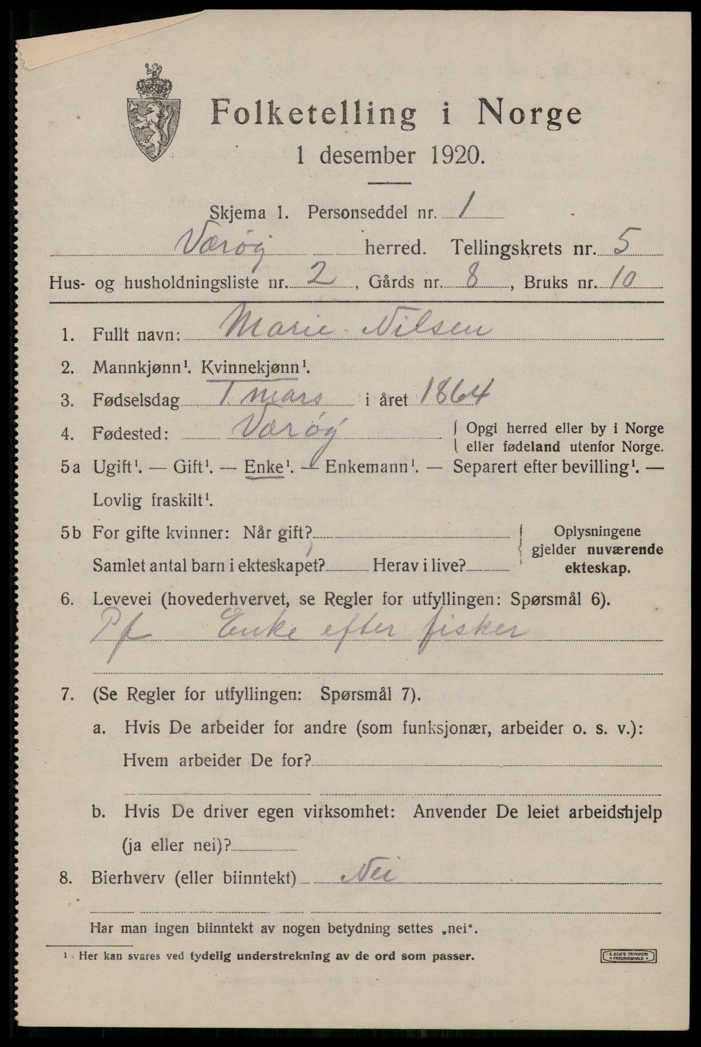 SAT, 1920 census for Værøy, 1920, p. 3127