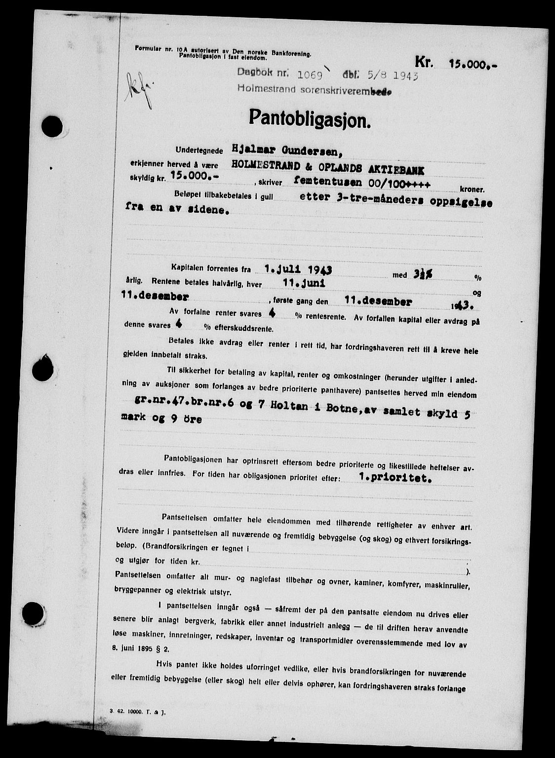 Holmestrand sorenskriveri, SAKO/A-67/G/Ga/Gab/L0054: Mortgage book no. B-54, 1943-1945