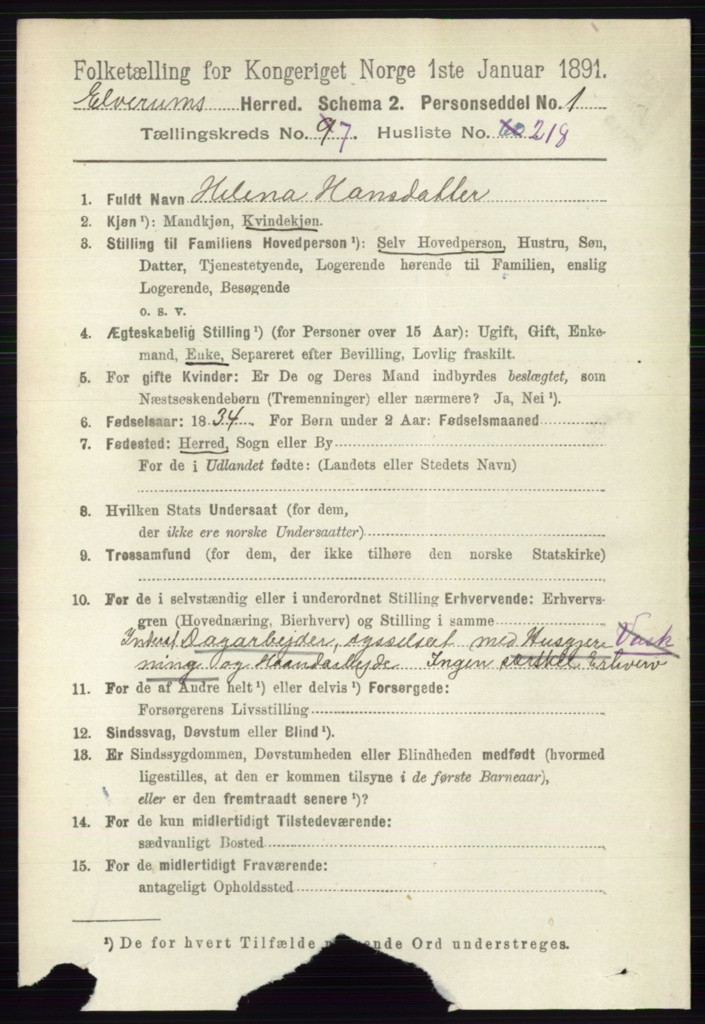 RA, 1891 census for 0427 Elverum, 1891, p. 6911