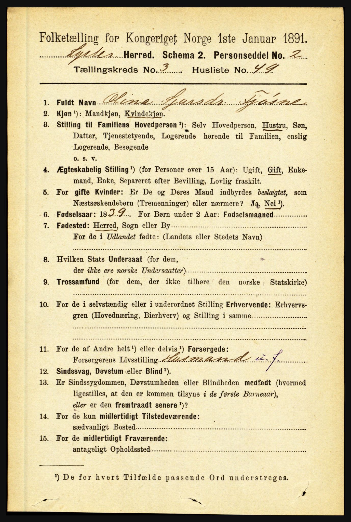 RA, 1891 census for 1426 Luster, 1891, p. 1399