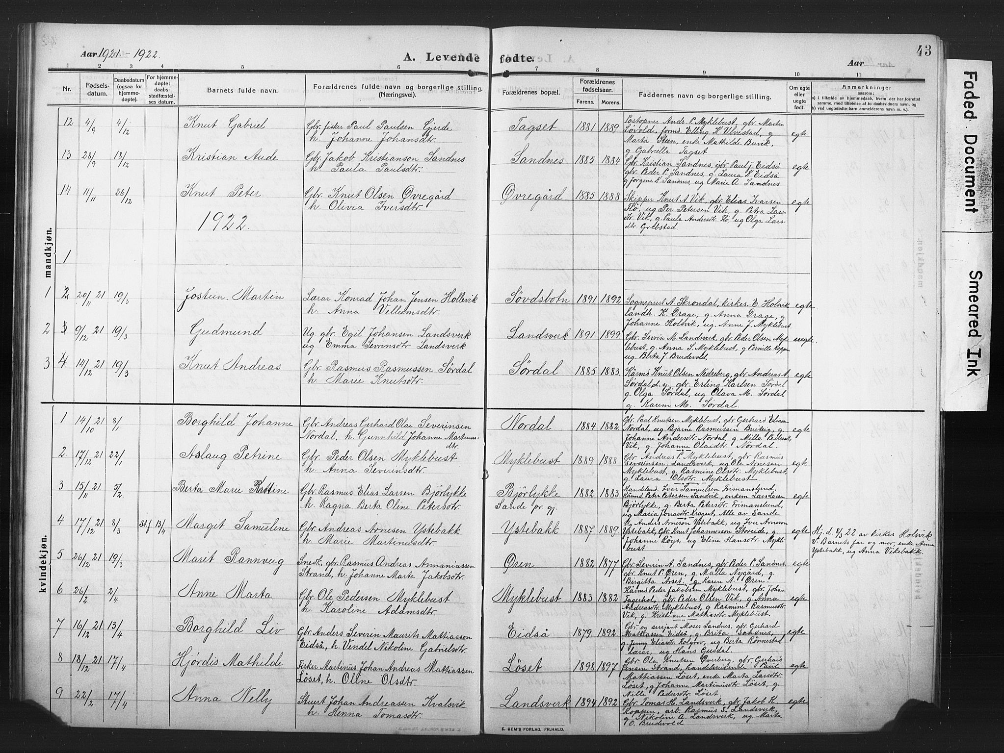 Ministerialprotokoller, klokkerbøker og fødselsregistre - Møre og Romsdal, AV/SAT-A-1454/502/L0028: Parish register (copy) no. 502C02, 1909-1932, p. 43