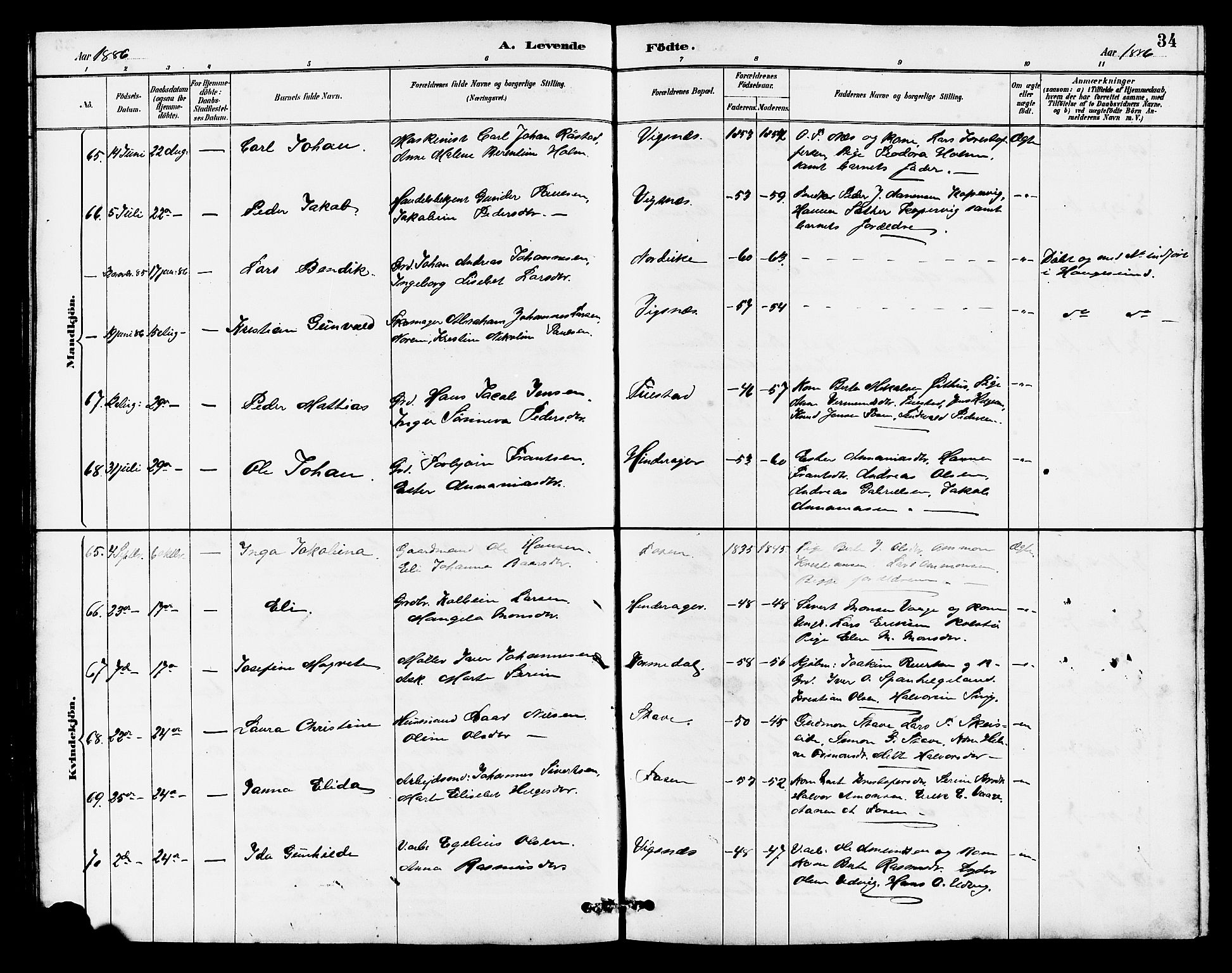 Avaldsnes sokneprestkontor, SAST/A -101851/H/Ha/Hab/L0007: Parish register (copy) no. B 7, 1885-1909, p. 34