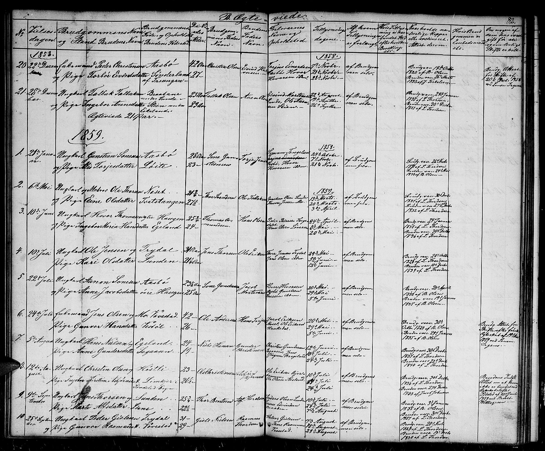 Gjerstad sokneprestkontor, SAK/1111-0014/F/Fb/Fba/L0005: Parish register (copy) no. B 5, 1853-1867, p. 82
