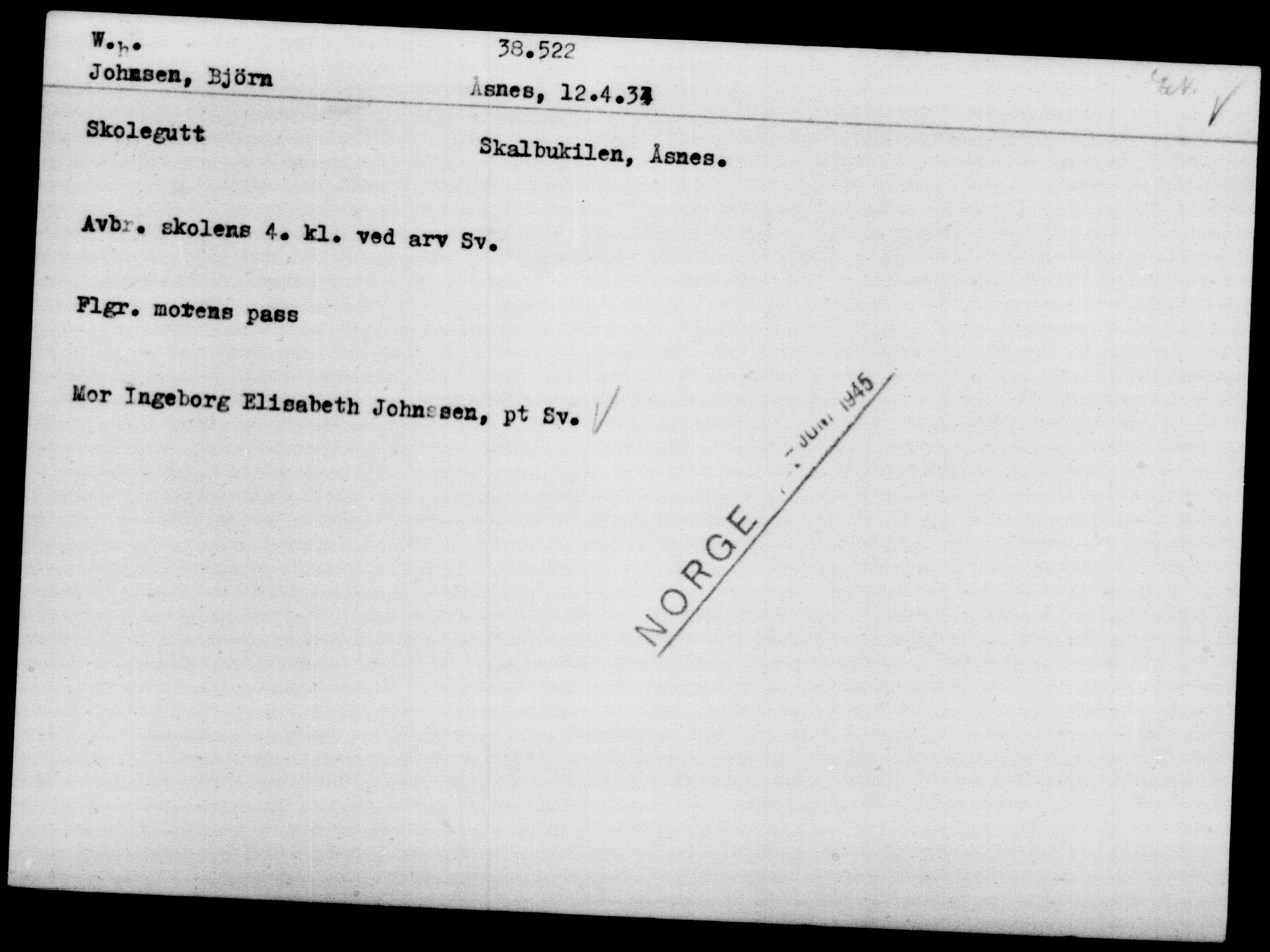 Utenriksstasjonene, Legasjonen i Stockholm, Flyktningkontoret, AV/RA-S-6753/V/Va/L0015: Kjesäterkartoteket, flyktninger med registreringsnr. 37800-40770, 1940-1945, p. 737