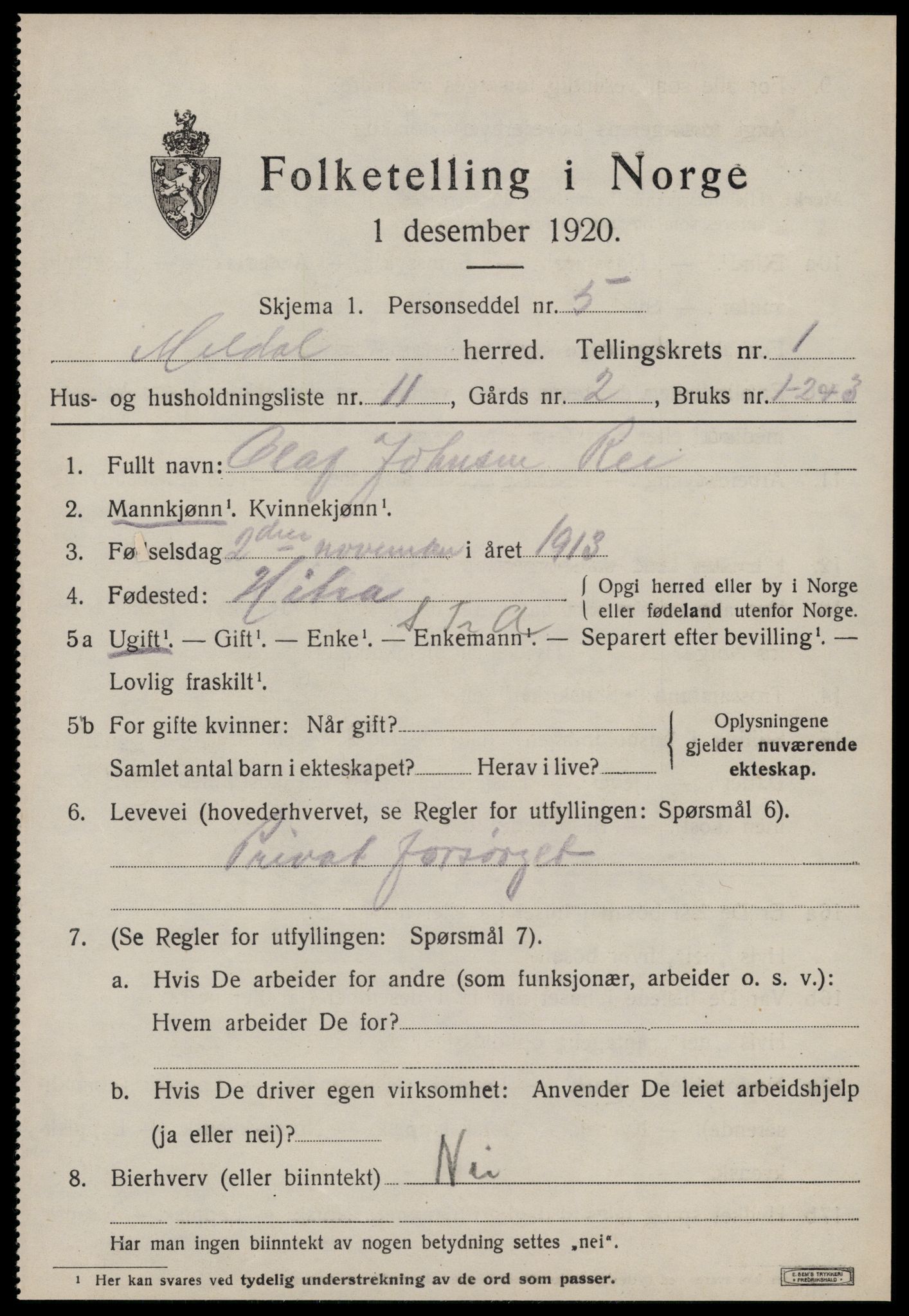 SAT, 1920 census for Meldal, 1920, p. 2013