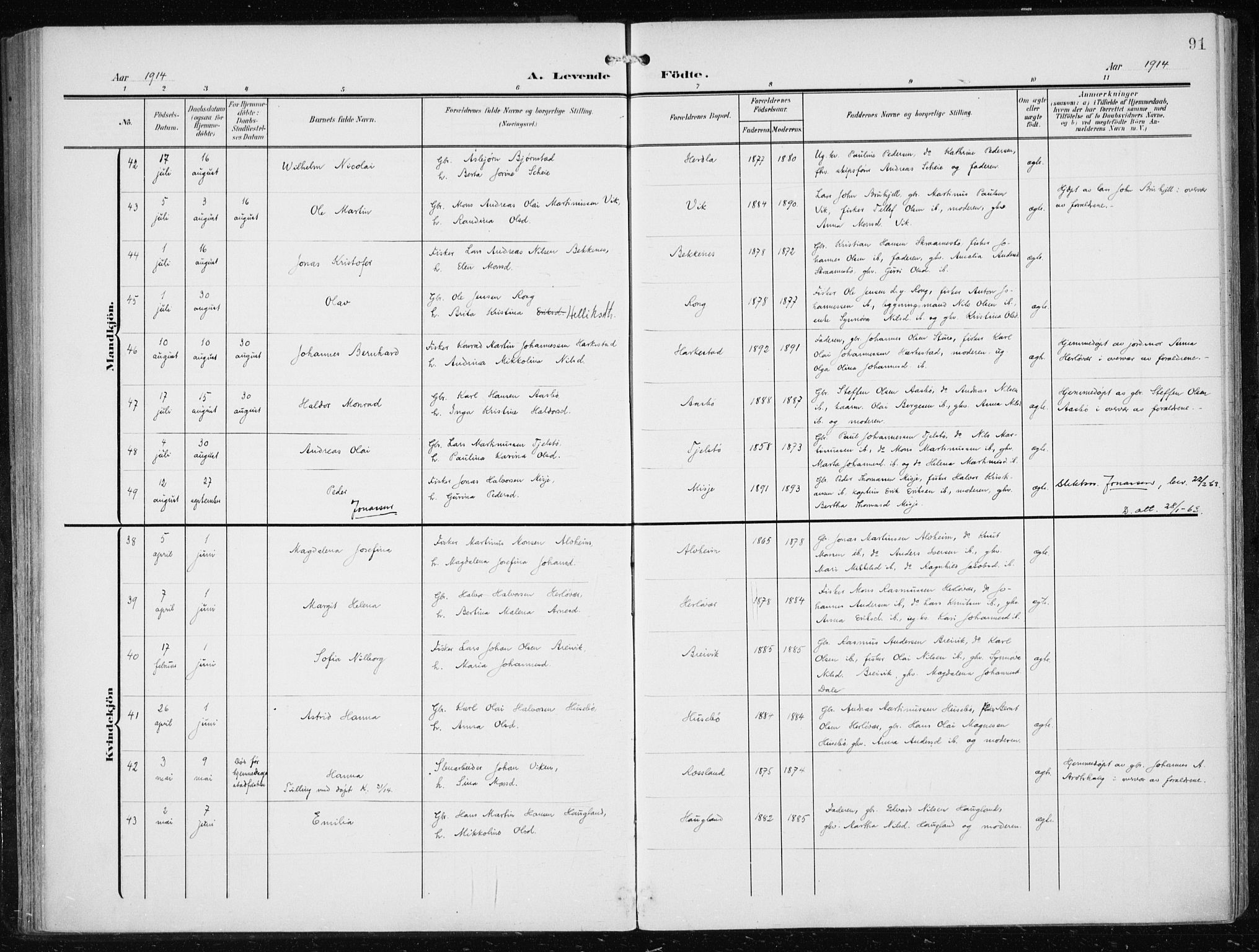 Herdla Sokneprestembete, AV/SAB-A-75701/H/Haa: Parish register (official) no. A 5, 1905-1918, p. 91