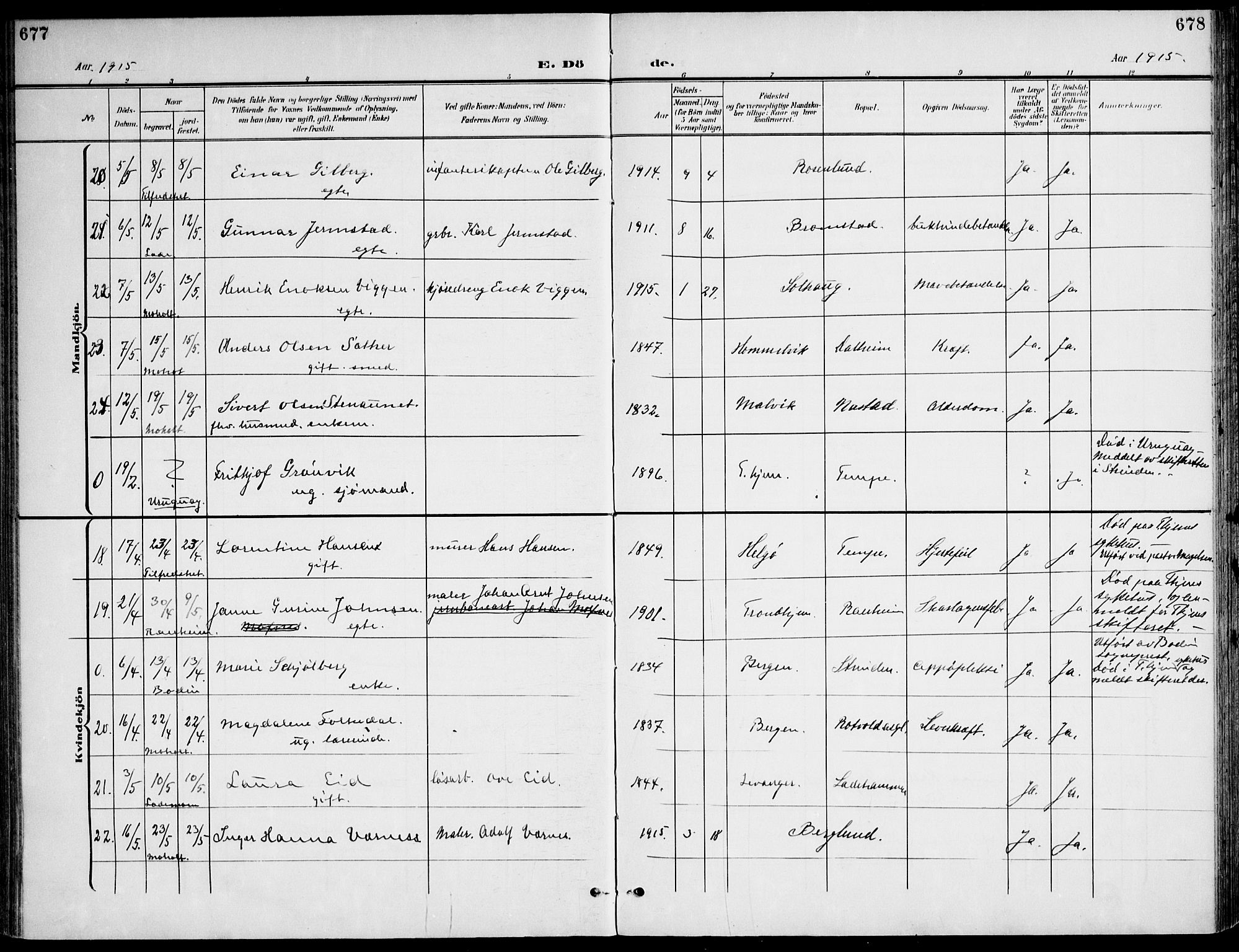 Ministerialprotokoller, klokkerbøker og fødselsregistre - Sør-Trøndelag, AV/SAT-A-1456/607/L0320: Parish register (official) no. 607A04, 1907-1915, p. 677-678