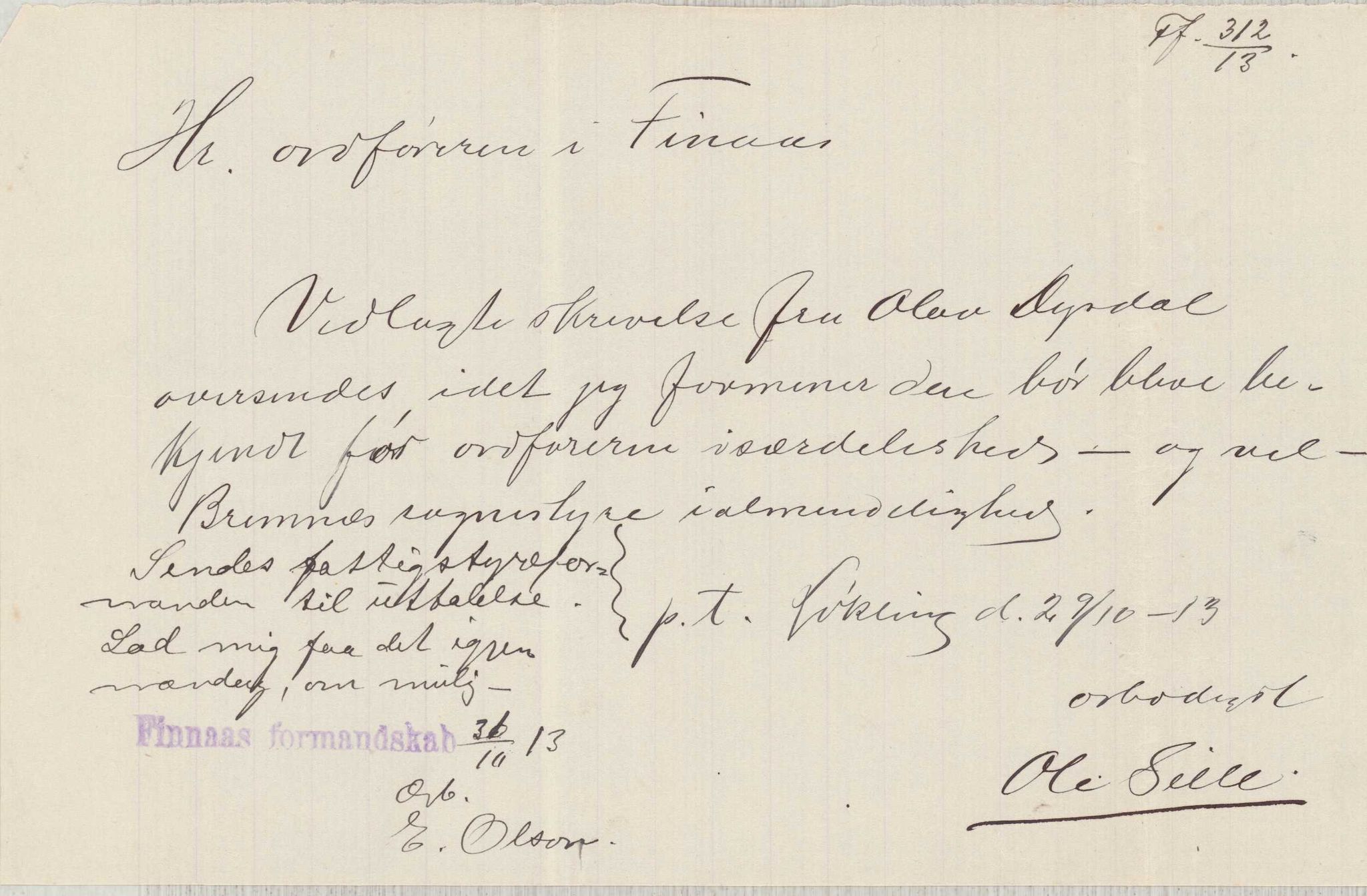 Finnaas kommune. Formannskapet, IKAH/1218a-021/D/Da/L0001/0012: Korrespondanse / saker / Kronologisk ordna korrespondanse , 1913, p. 14