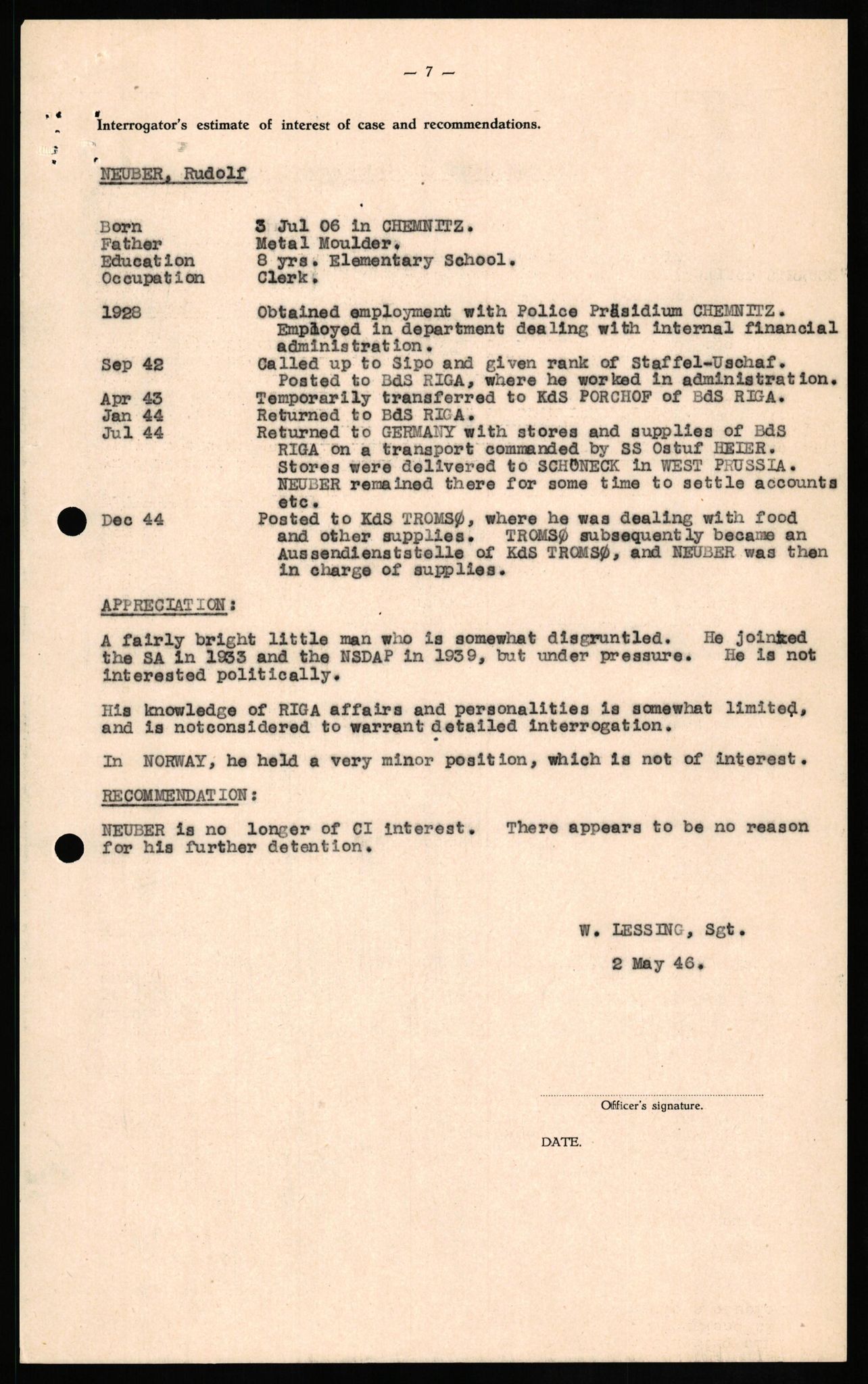 Forsvaret, Forsvarets overkommando II, AV/RA-RAFA-3915/D/Db/L0024: CI Questionaires. Tyske okkupasjonsstyrker i Norge. Tyskere., 1945-1946, p. 16