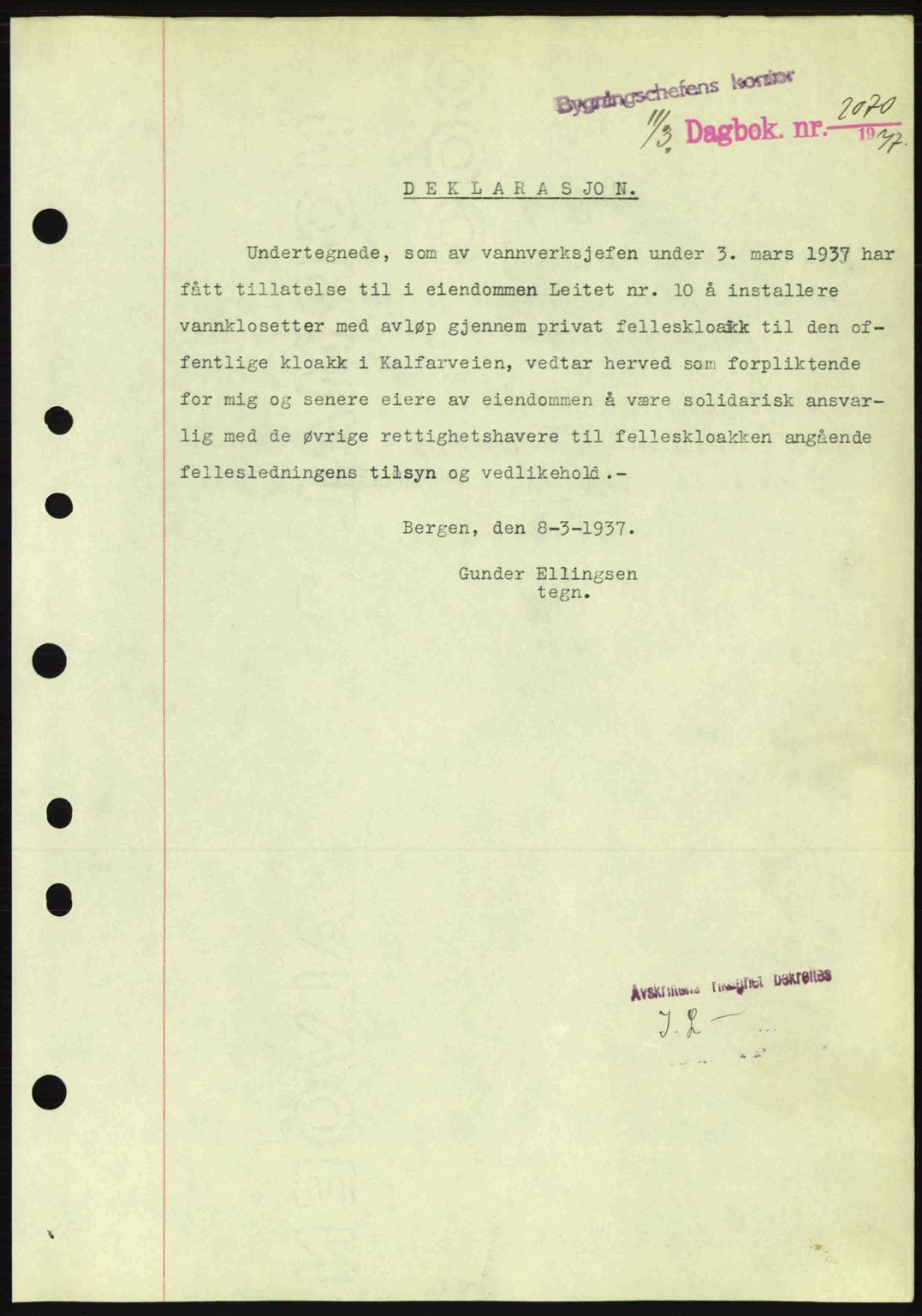 Byfogd og Byskriver i Bergen, SAB/A-3401/03/03Bc/L0004: Mortgage book no. A3-4, 1936-1937, Diary no: : 2070/1937