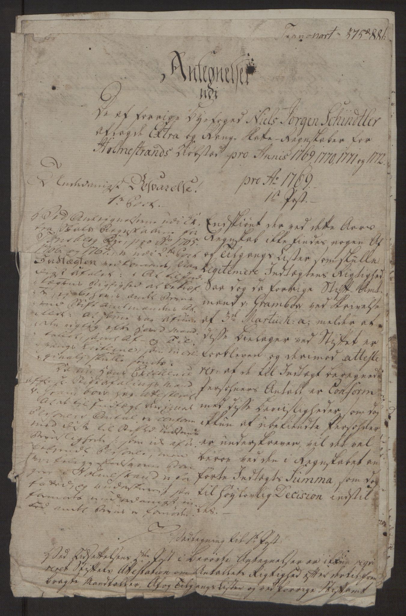 Rentekammeret inntil 1814, Reviderte regnskaper, Byregnskaper, RA/EA-4066/R/Rh/L0163/0001: [H4] Kontribusjonsregnskap / Ekstraskatt, Holmestrand, 1762-1772, p. 436