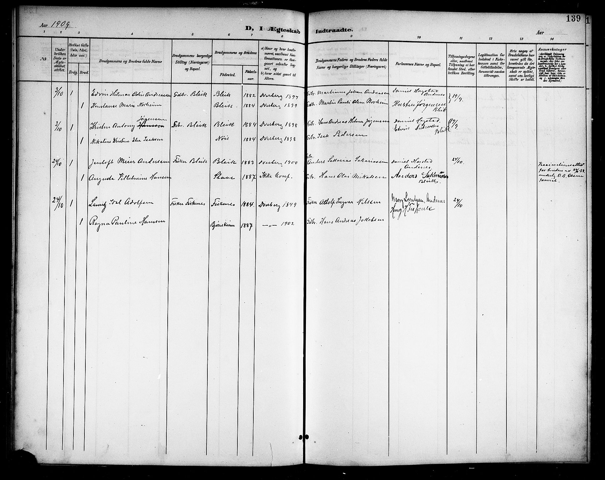Ministerialprotokoller, klokkerbøker og fødselsregistre - Nordland, AV/SAT-A-1459/899/L1449: Parish register (copy) no. 899C04, 1900-1918, p. 139