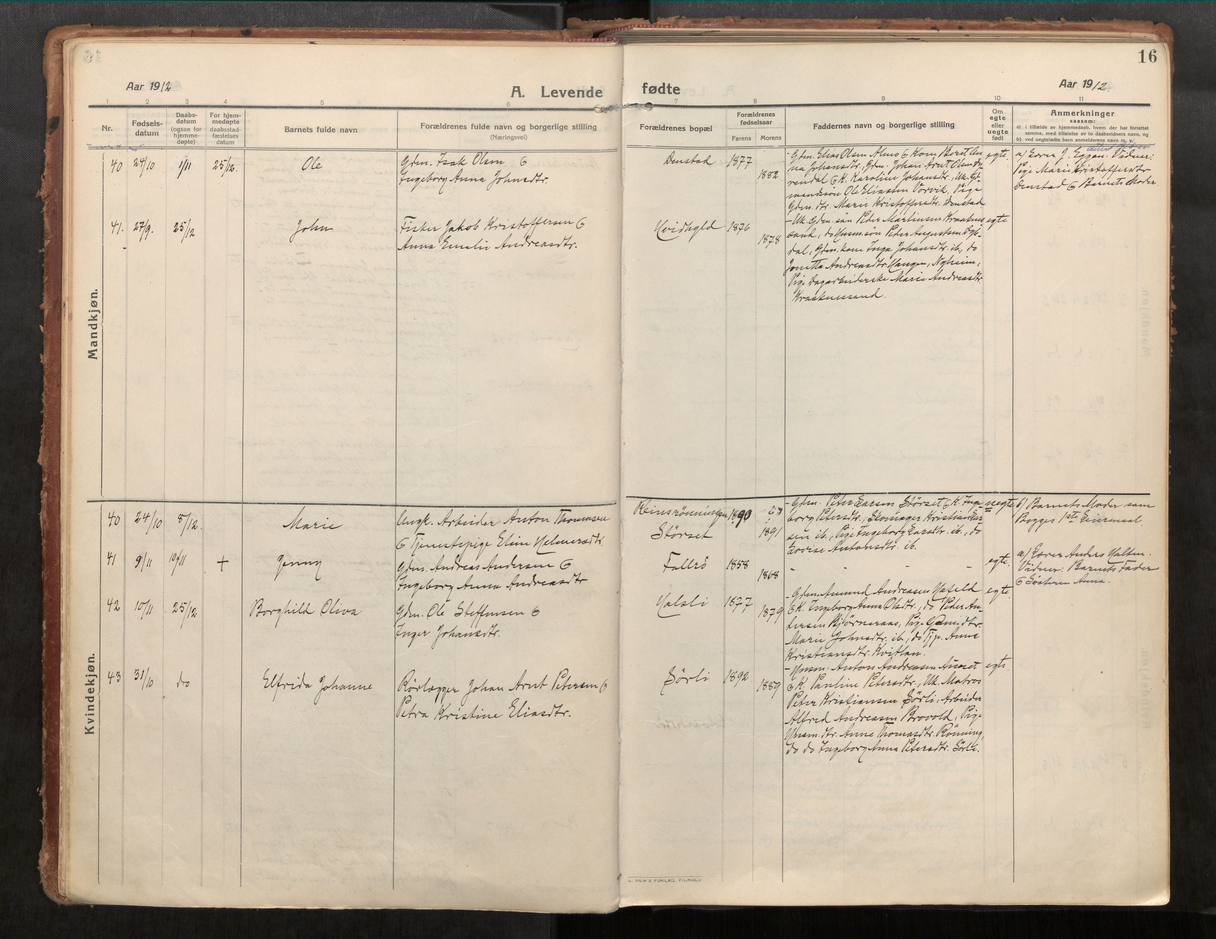 Stadsbygd sokneprestkontor, AV/SAT-A-1117/1/I/I1/I1a/L0001: Parish register (official) no. 1, 1911-1929, p. 16