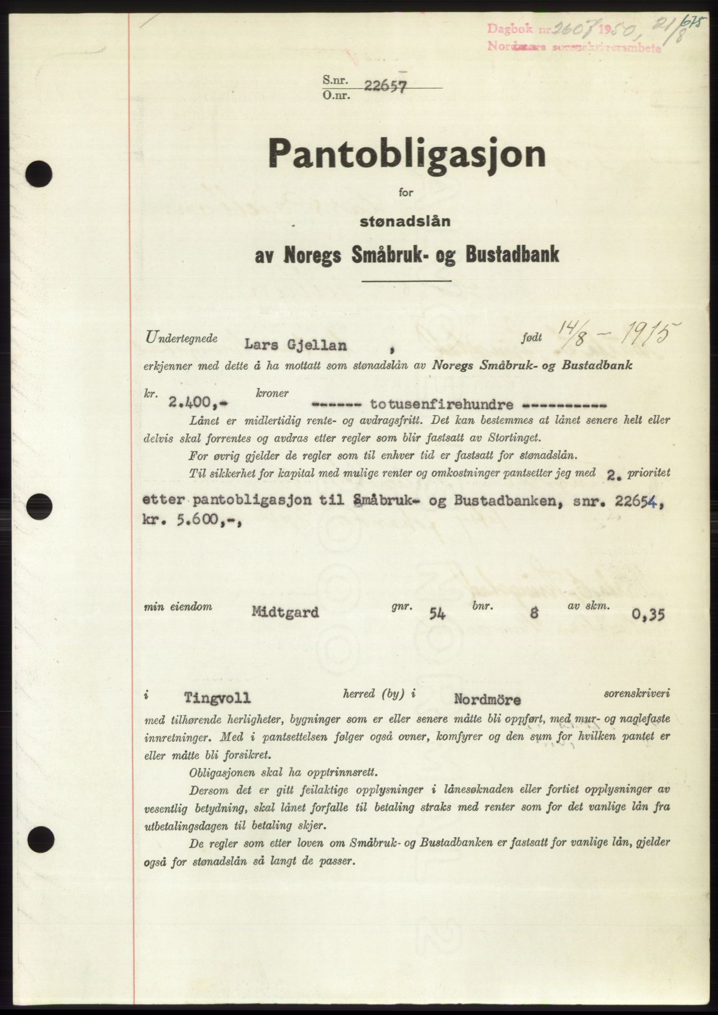 Nordmøre sorenskriveri, AV/SAT-A-4132/1/2/2Ca: Mortgage book no. B105, 1950-1950, Diary no: : 2607/1950