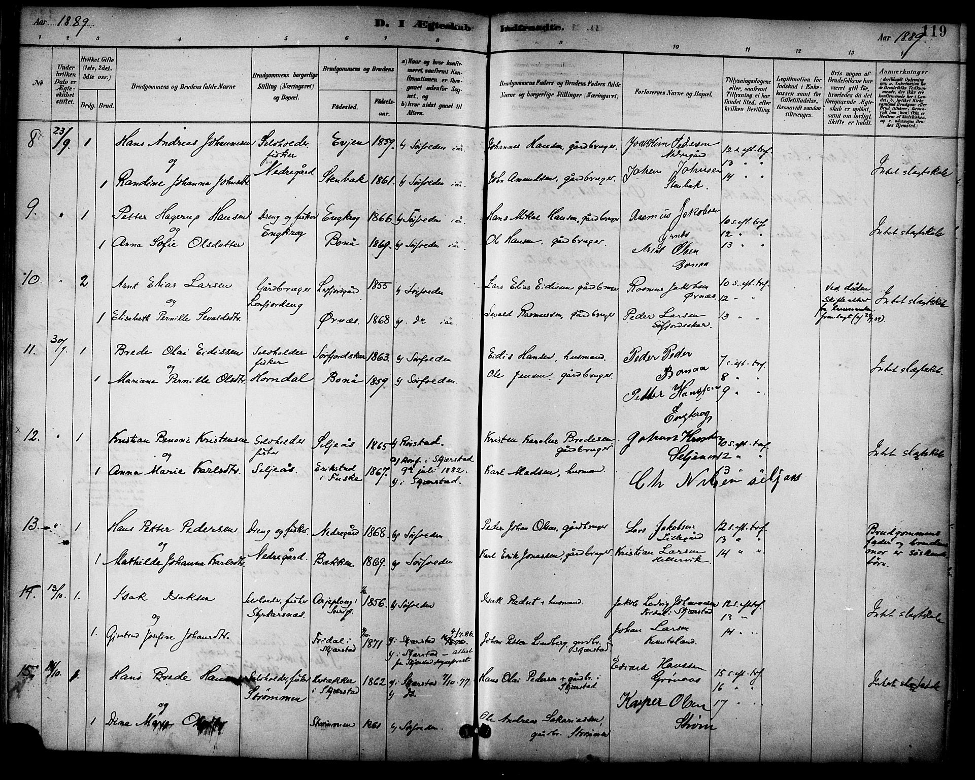 Ministerialprotokoller, klokkerbøker og fødselsregistre - Nordland, AV/SAT-A-1459/854/L0777: Parish register (official) no. 854A01 /1, 1883-1891, p. 119