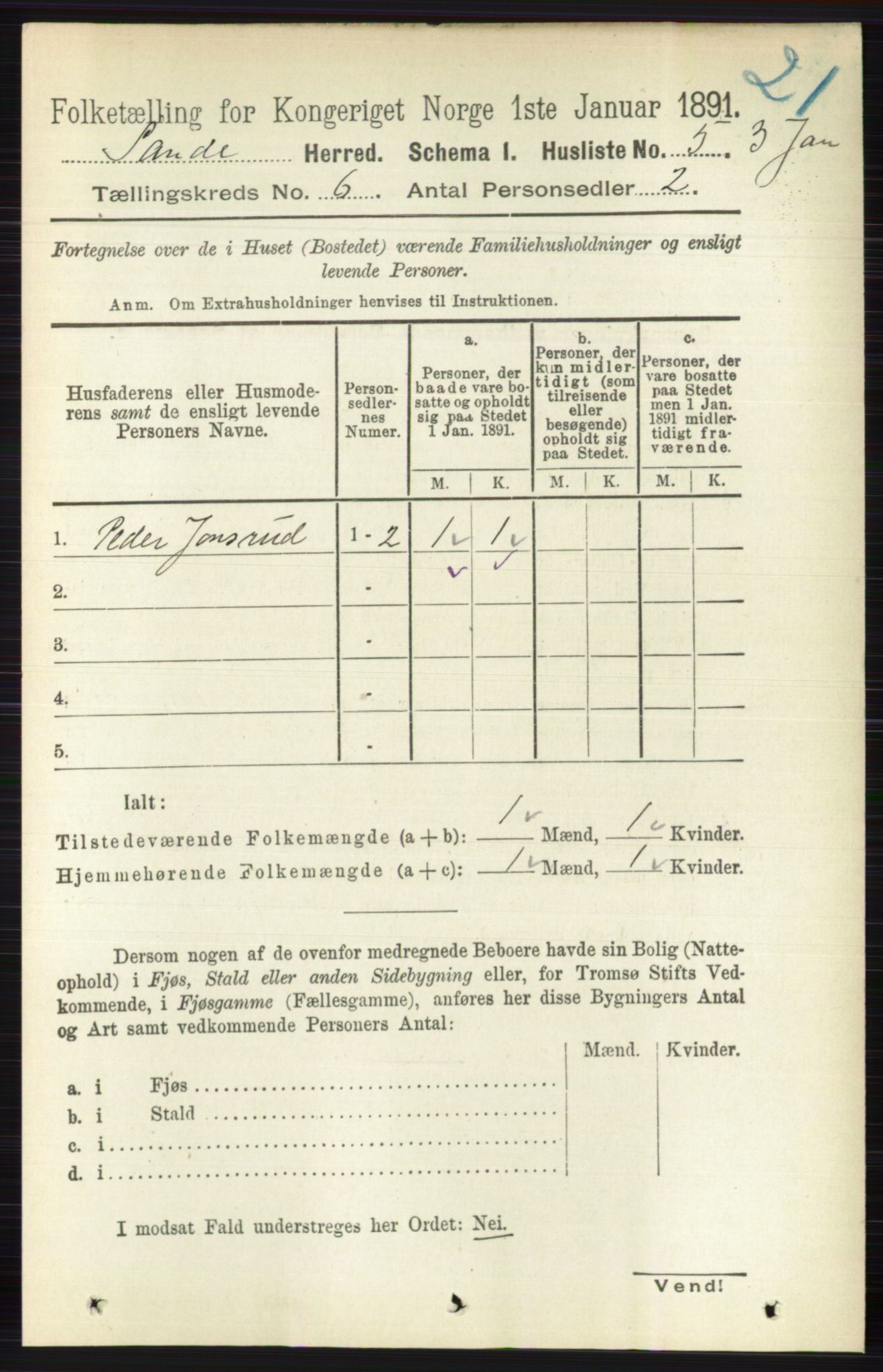 RA, 1891 census for 0713 Sande, 1891, p. 2614