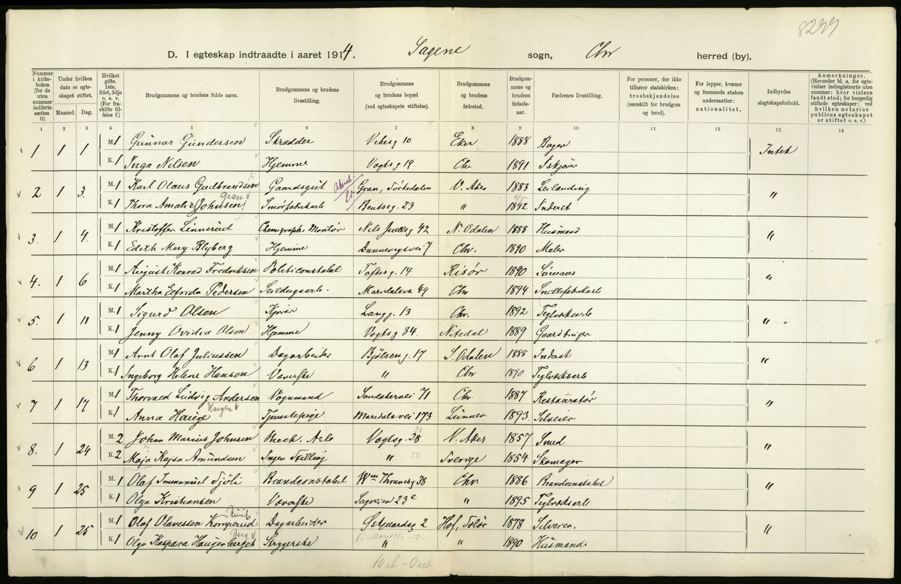 Statistisk sentralbyrå, Sosiodemografiske emner, Befolkning, AV/RA-S-2228/D/Df/Dfb/Dfbd/L0007: Kristiania: Gifte, 1914, p. 164