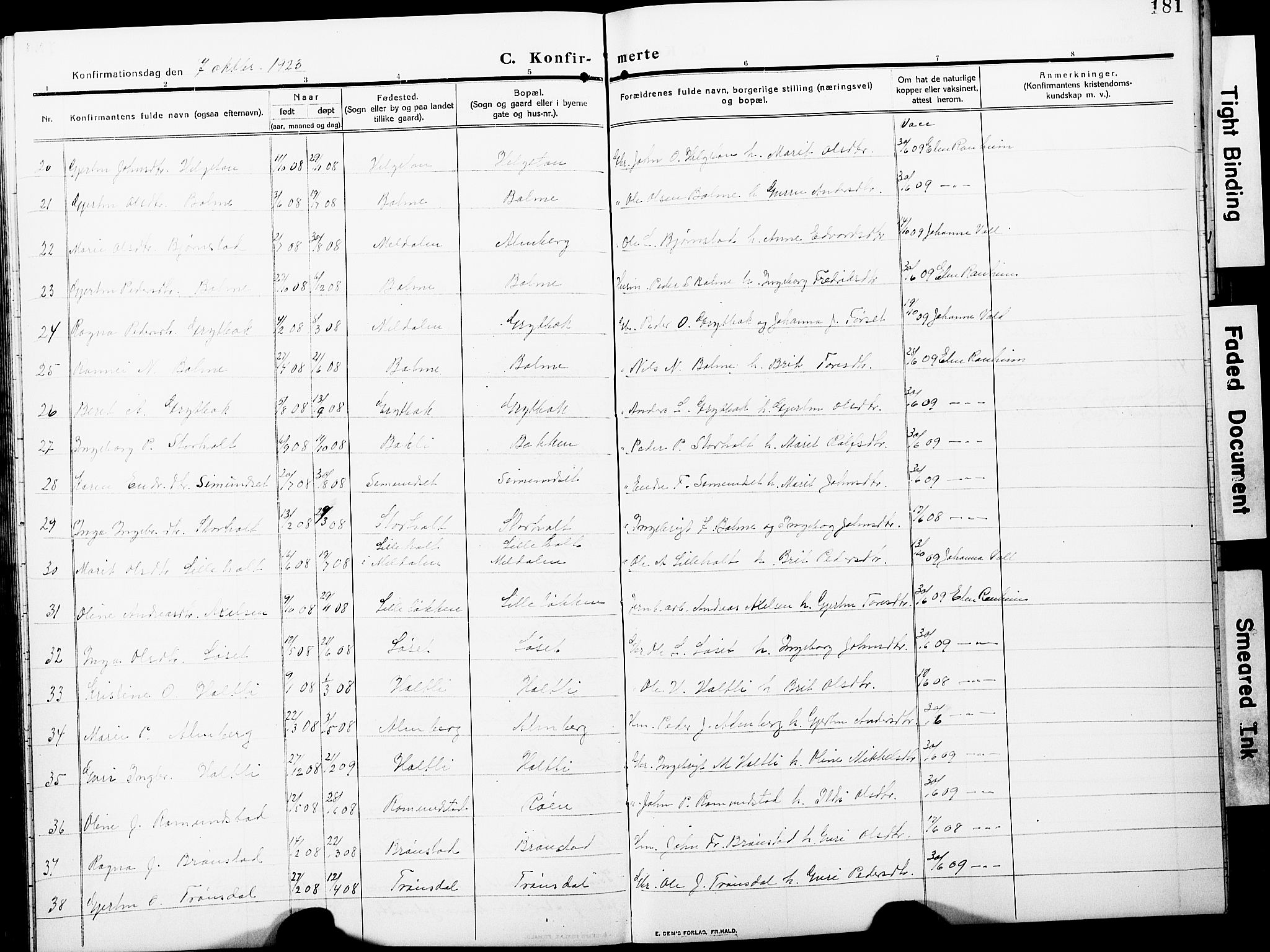 Ministerialprotokoller, klokkerbøker og fødselsregistre - Møre og Romsdal, AV/SAT-A-1454/598/L1079: Parish register (copy) no. 598C04, 1909-1927, p. 181